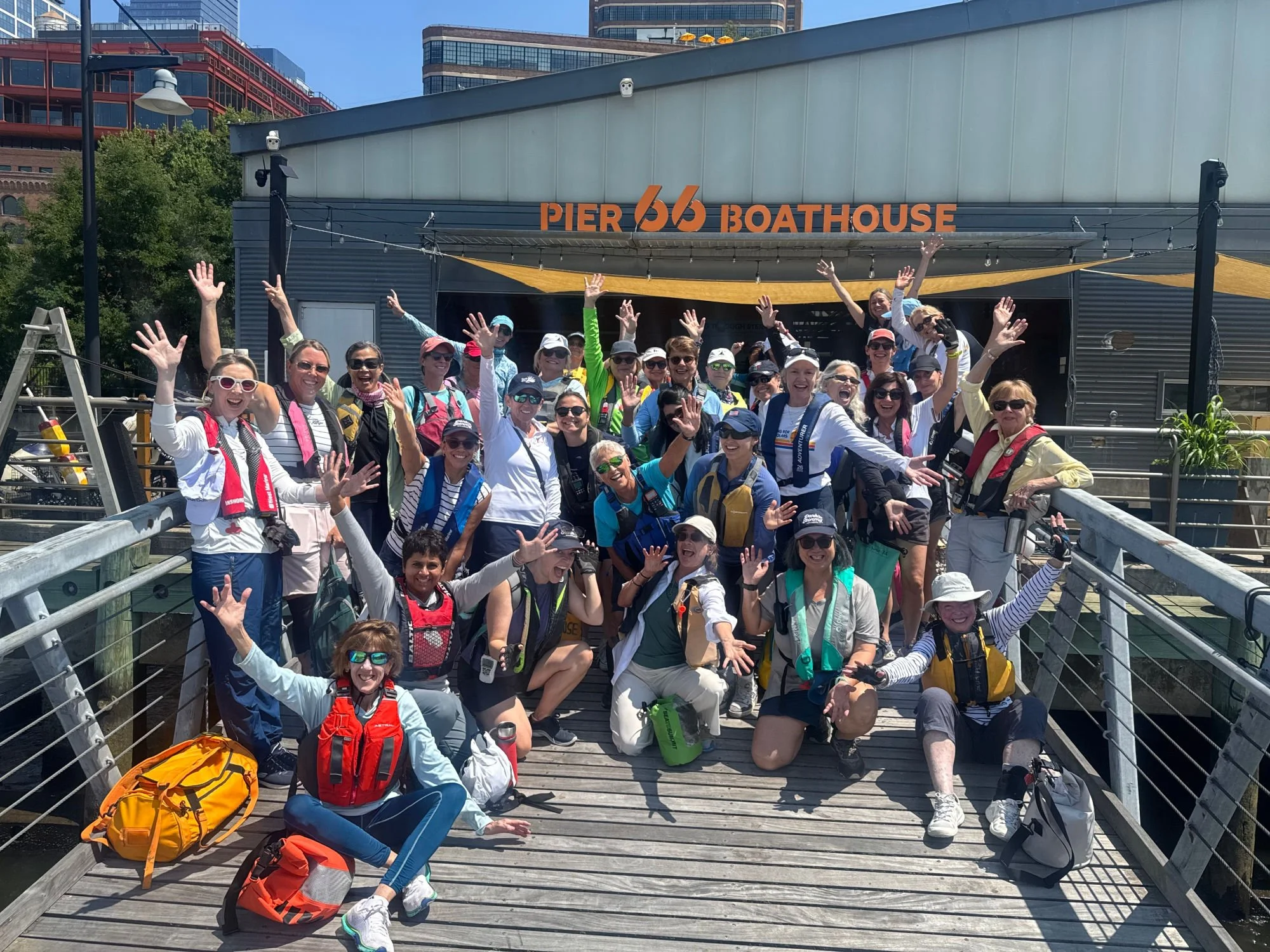 Women on the Water LIS sailors gather on the dock at Hudson River for the 2026 Statue of Liberty Sail at HRCS