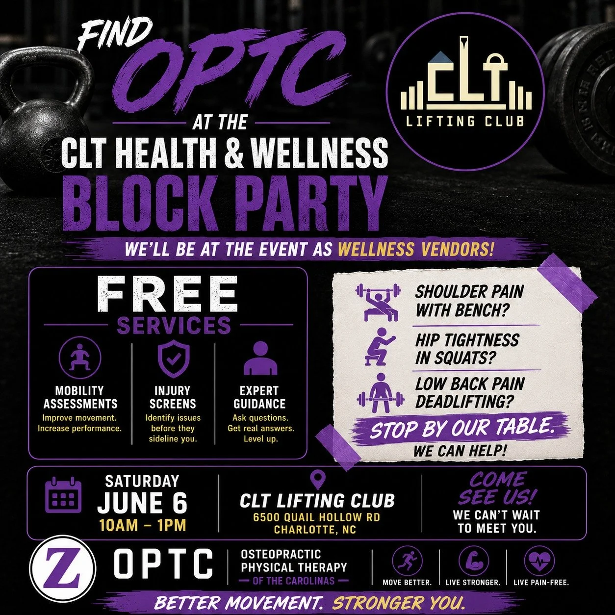 We are excited for the Health &amp; Wellness Block Party on June 6th from 10AM&ndash;1PM, at CLT Lifting Club! 💪

OPTC will be offering FREE 15-minute mobility &amp; injury screenings for athletes, lifters, and active adults looking to move and perf
