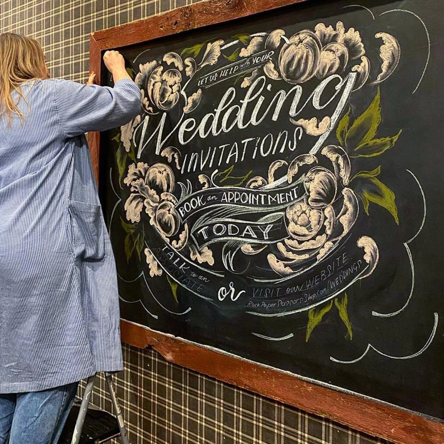 #Repost @rockpapermi
・・・
A gloomy day made bright by the gorgeous chalk illustration &amp; signage by @ceebear / @verygoodsignco in our wedding area! Getting hitched and need invites? Come sit and chat and learn about our process! Make an appointment