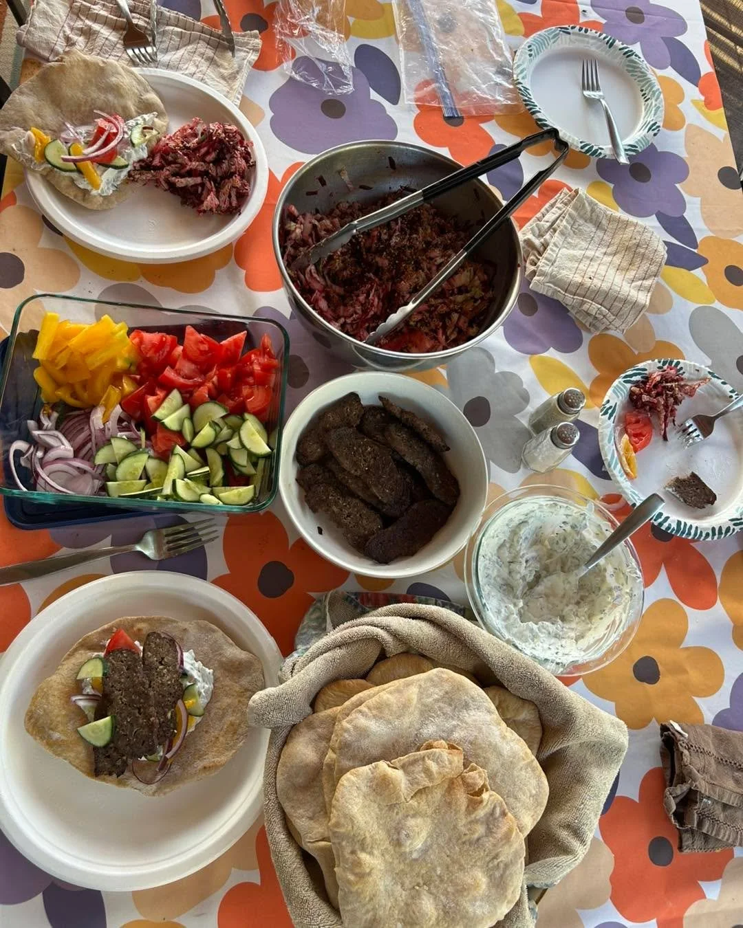 The gyros that we made for potluck a couple weeks ago was soooo delish. Ground mutton seasoned with oregano, onions, and garlic and alllll the fresh produce you can imagine! Not to mention, I attempted to make homemade pita 🫓 and although a bit stif