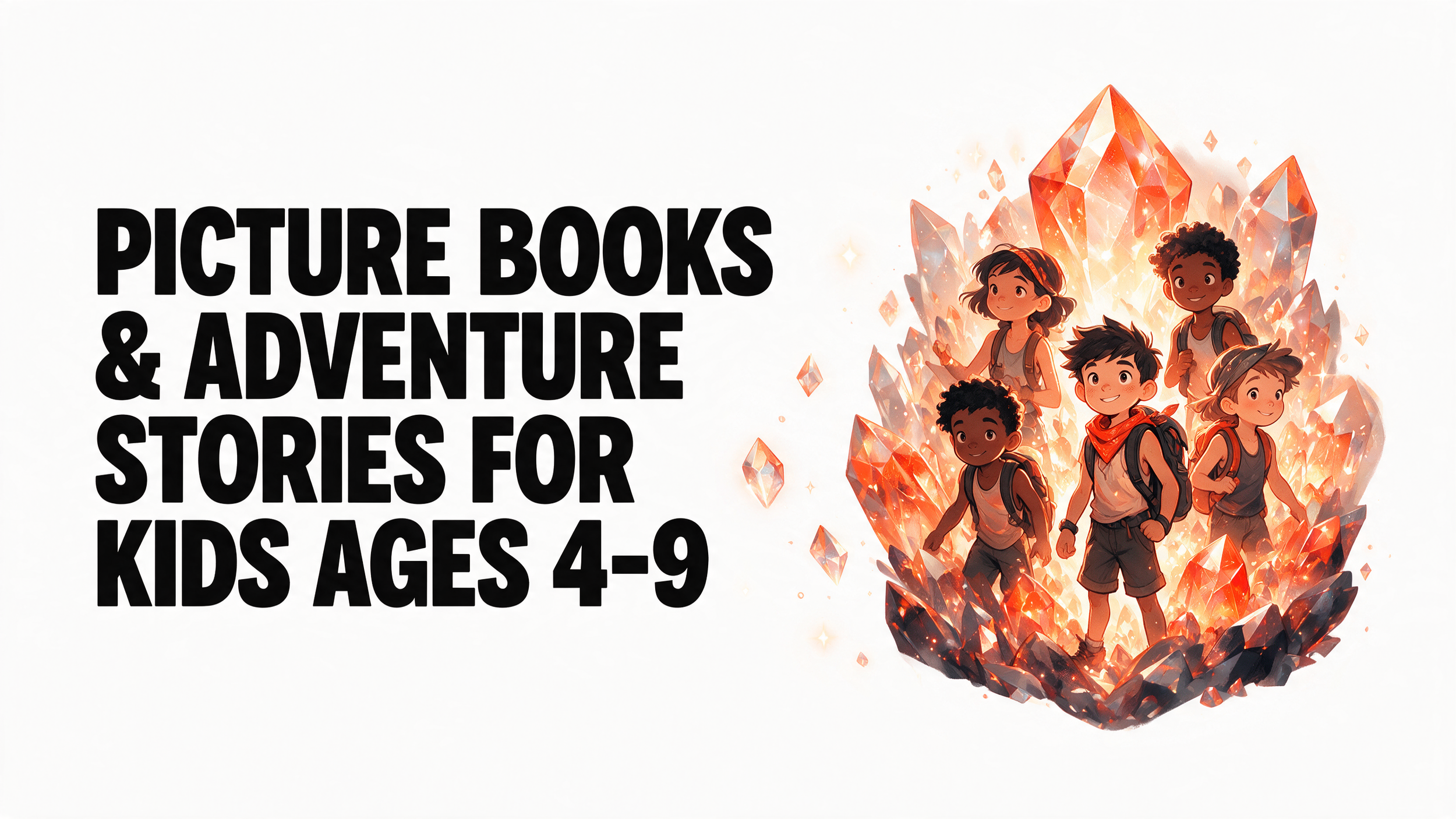 Text on a white background that reads 'Picture Books & Adventure Stories for Kids Ages 4-9'. To the right, there is a colorful illustration of five children with backpacks walking among large, glowing, orange crystals.