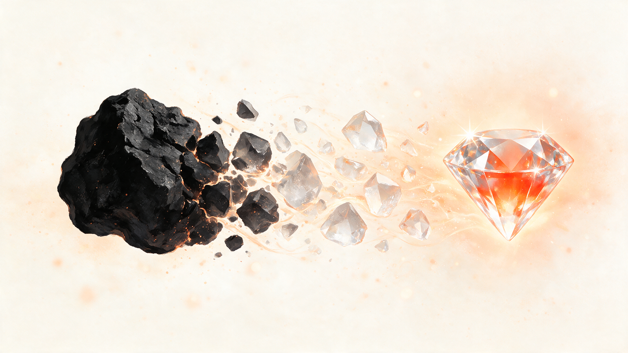 A large black rock and smaller rocks on the left, scattering and moving towards a shiny orange-red diamond on the right, with an explosion-like effect in the background.