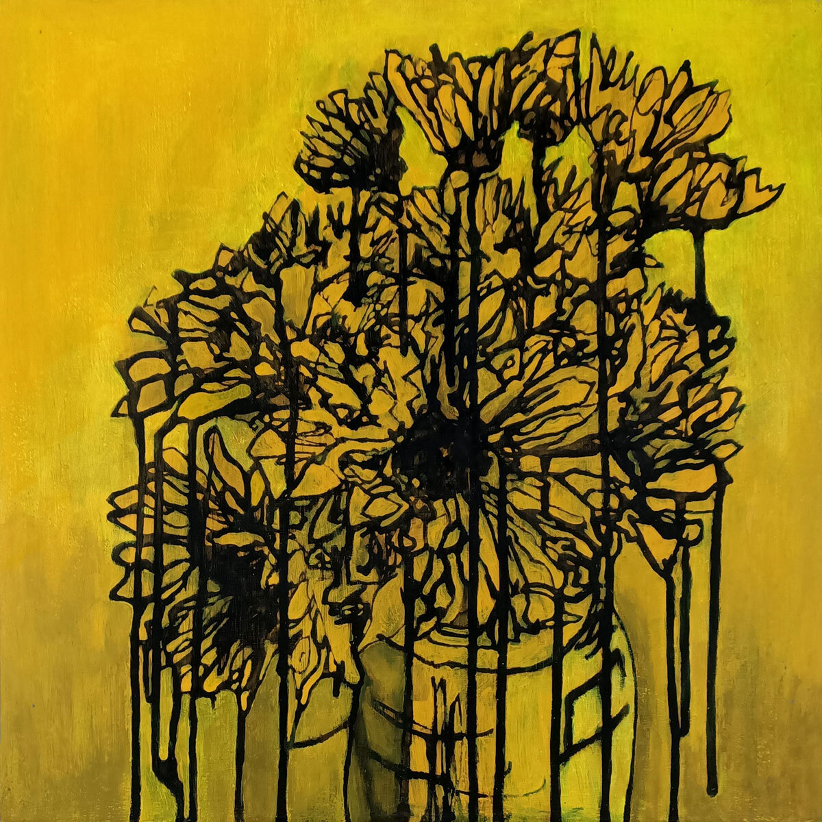   Daisy Yellow , Acrylic and ink on board, 38.5 x 38.5cm 