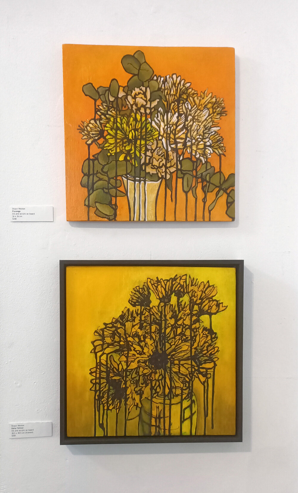   Florange , Ink and acrylic on board, 36 x 36 cm  Daisy Yellow, Ink and acrylic on board, 38.5 x 38.5 cm (framed) 