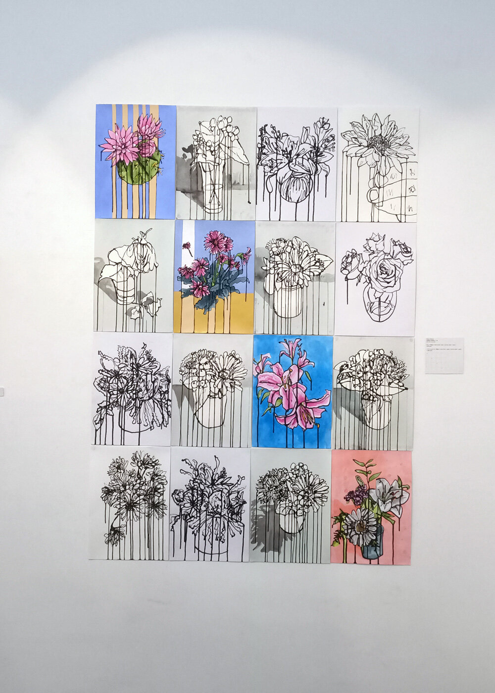   Flower Studies 1 -16 , Ink on 300gsm watercolour paper (various paper types), 42 x 29.7 cm (A3)  