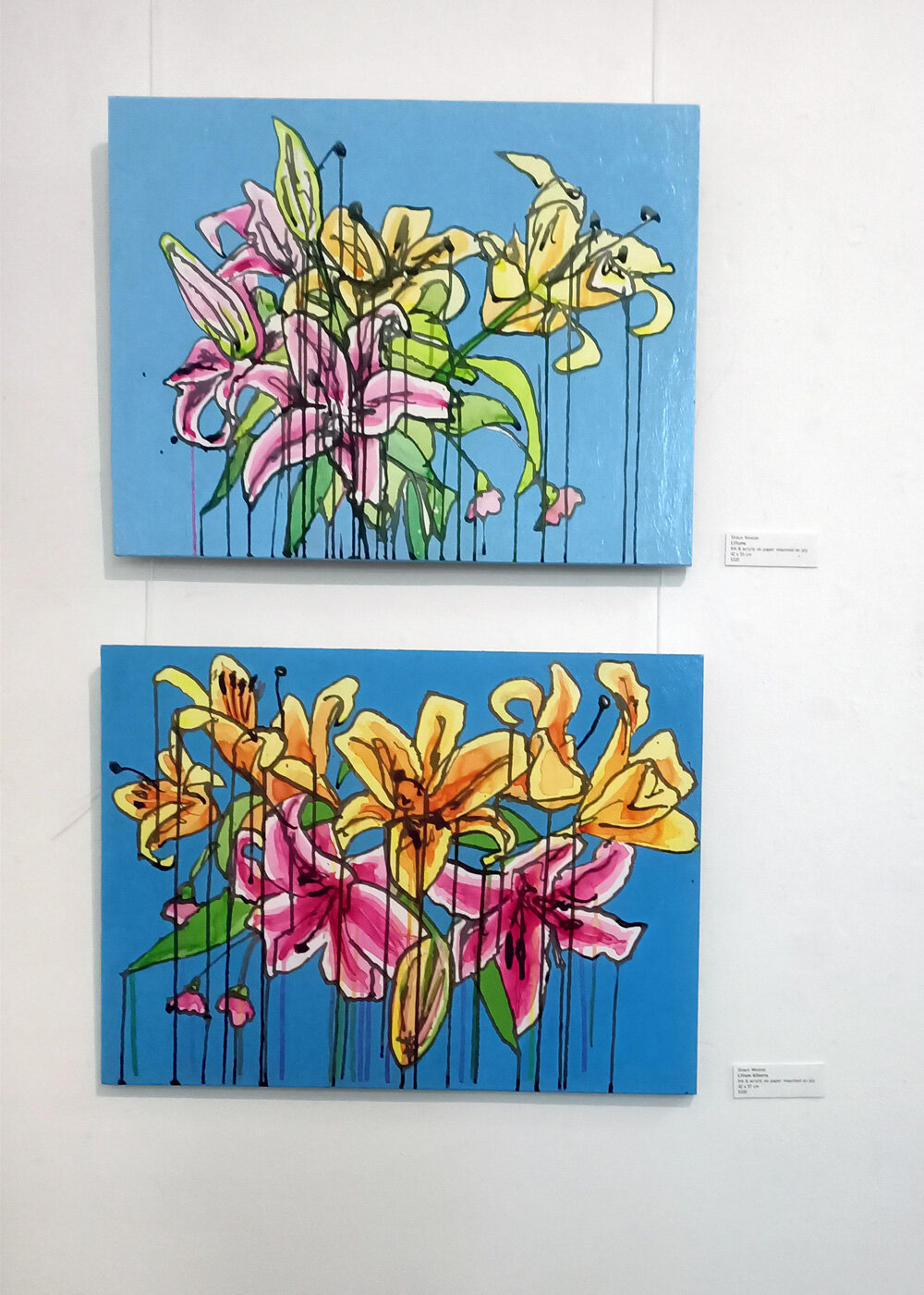  Liliums, Ink &amp; acrylic on paper mounted on ply, 42 x 55 cm   Lilium Allsorts, Ink &amp; acrylic on paper mounted on ply, 42 x 57 cm  