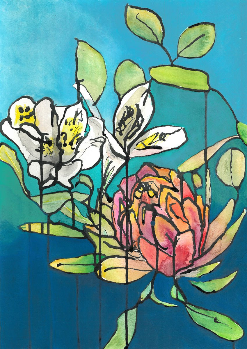   Floating Flowers , Ink, watercolour and acrylic on watercolour paper ,  42 x 29.7 cm 