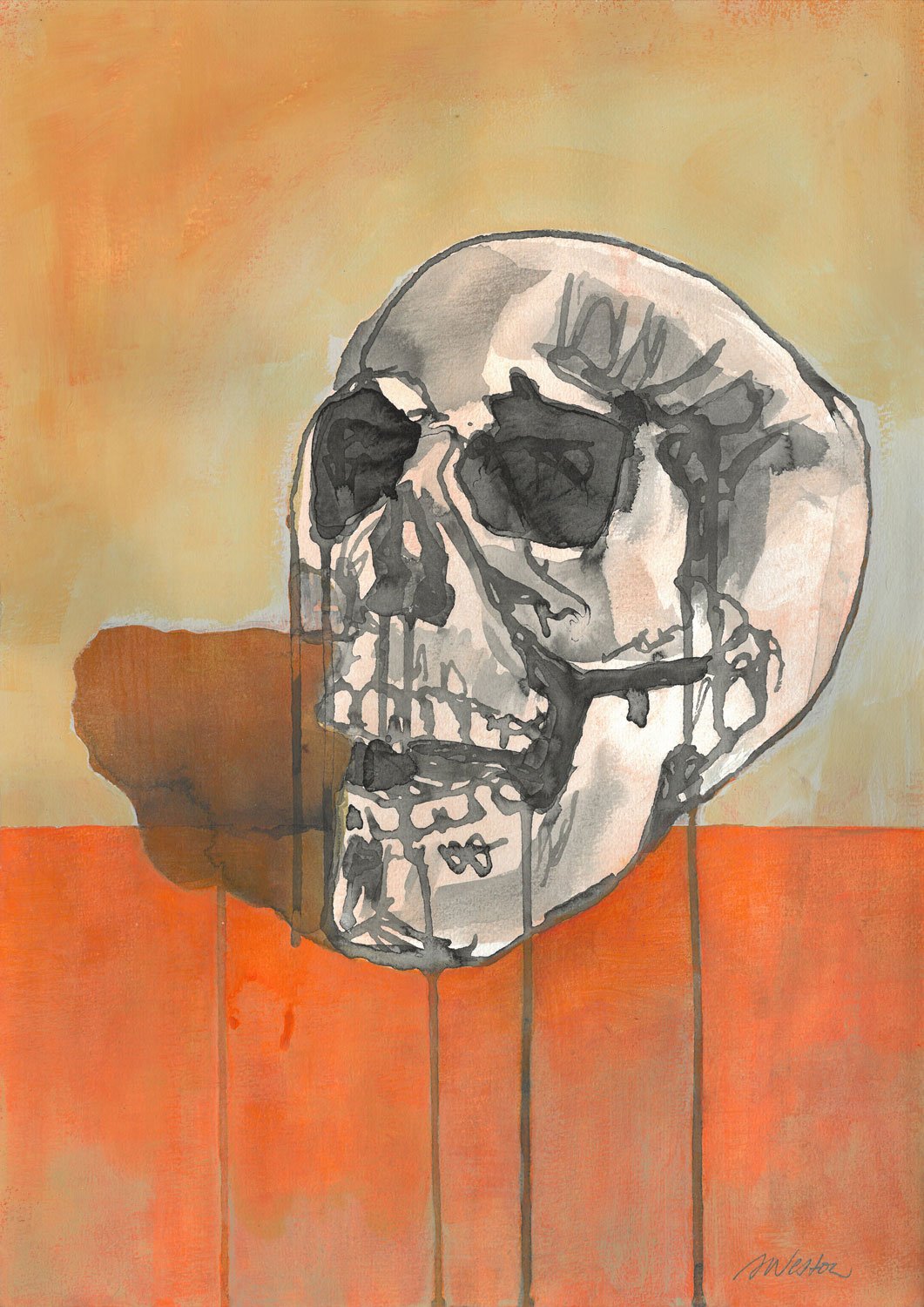   Orange Skull , Ink and mixed media on watercolour paper, 42 x 29.7 cm 