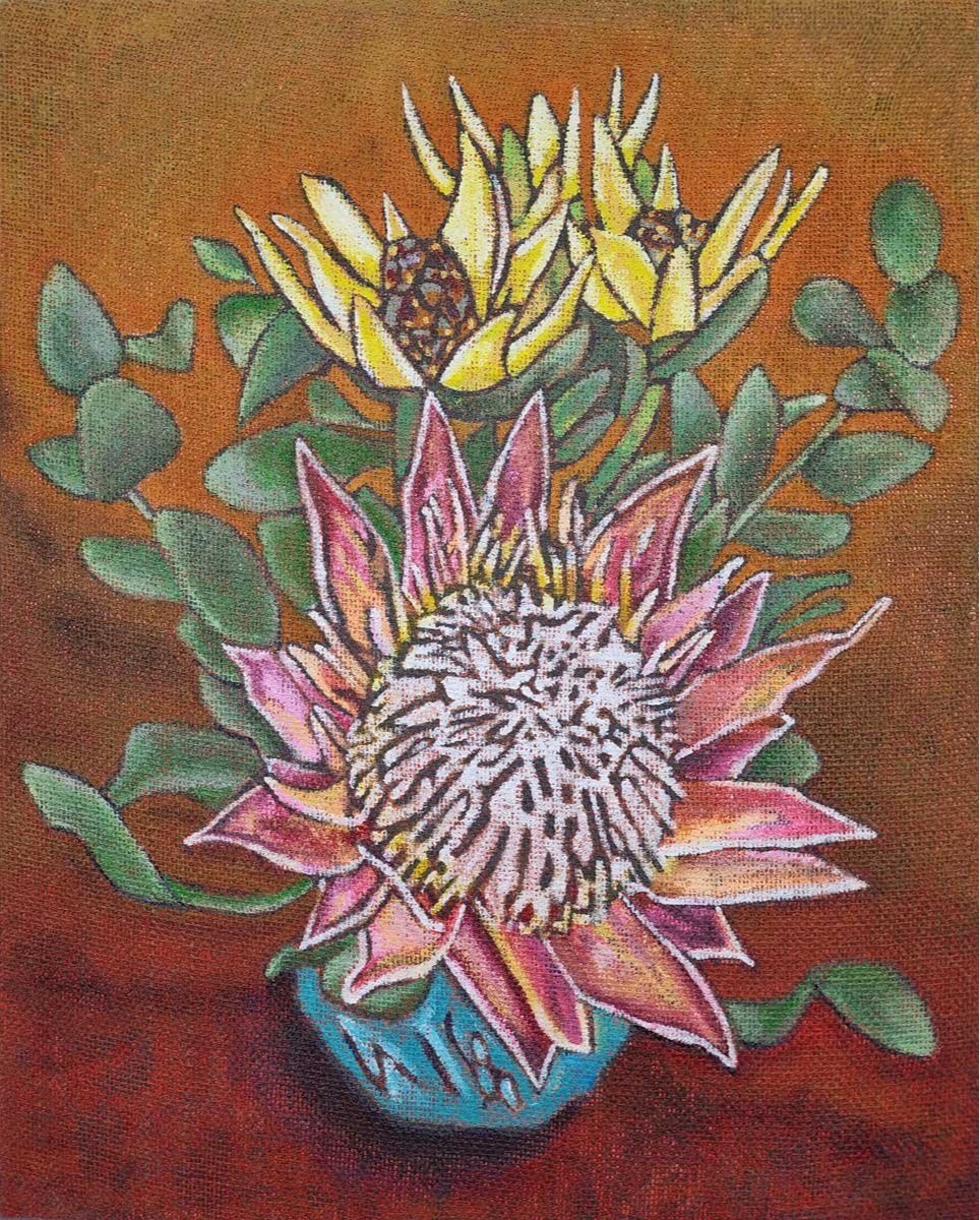   Protea Prince , Acrylic and burlap on canvas, 76 x 61 cm 