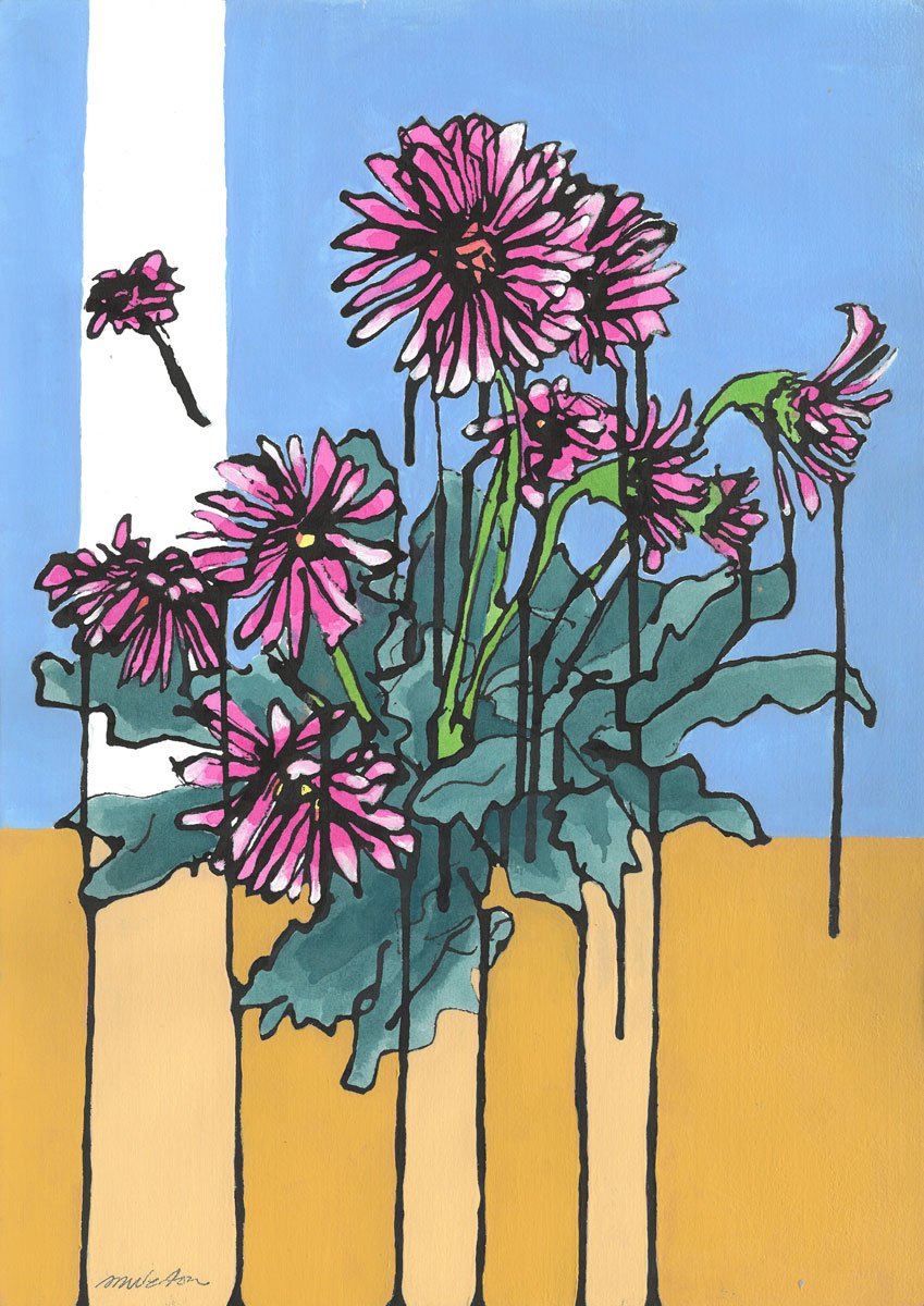  Gerberas, Ink and acrylic on watercolour paper, 42 x 29.7cm 