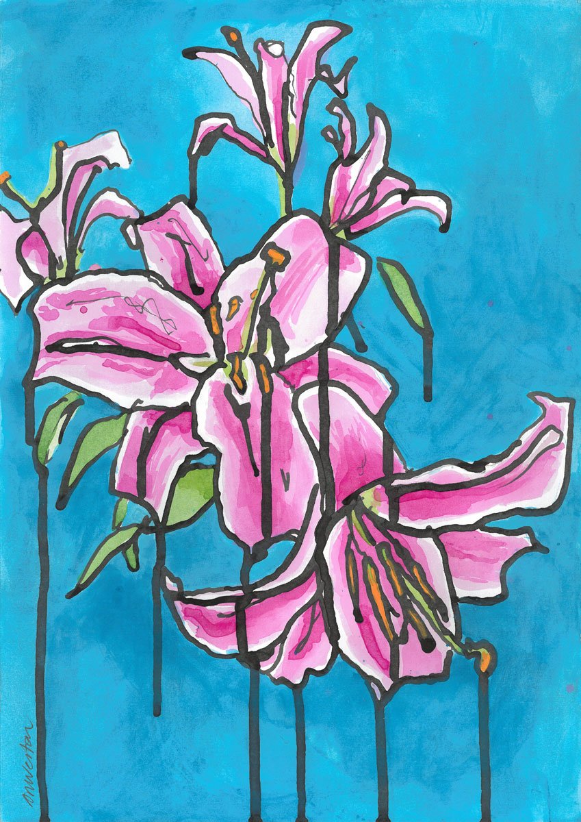  Pink and Blue Lilies, Ink and acrylic on watercolour paper, 42 x 29.7cm 