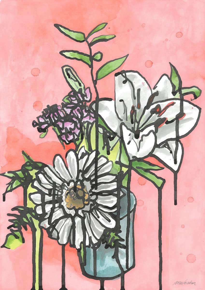   Rouge Bouquet , Ink and acrylic on watercolour paper, 42 x 29.7cm 