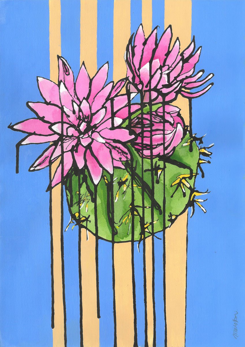  Cactus Stripes , Ink and acrylic on watercolour paper, 42 x 29.7cm 