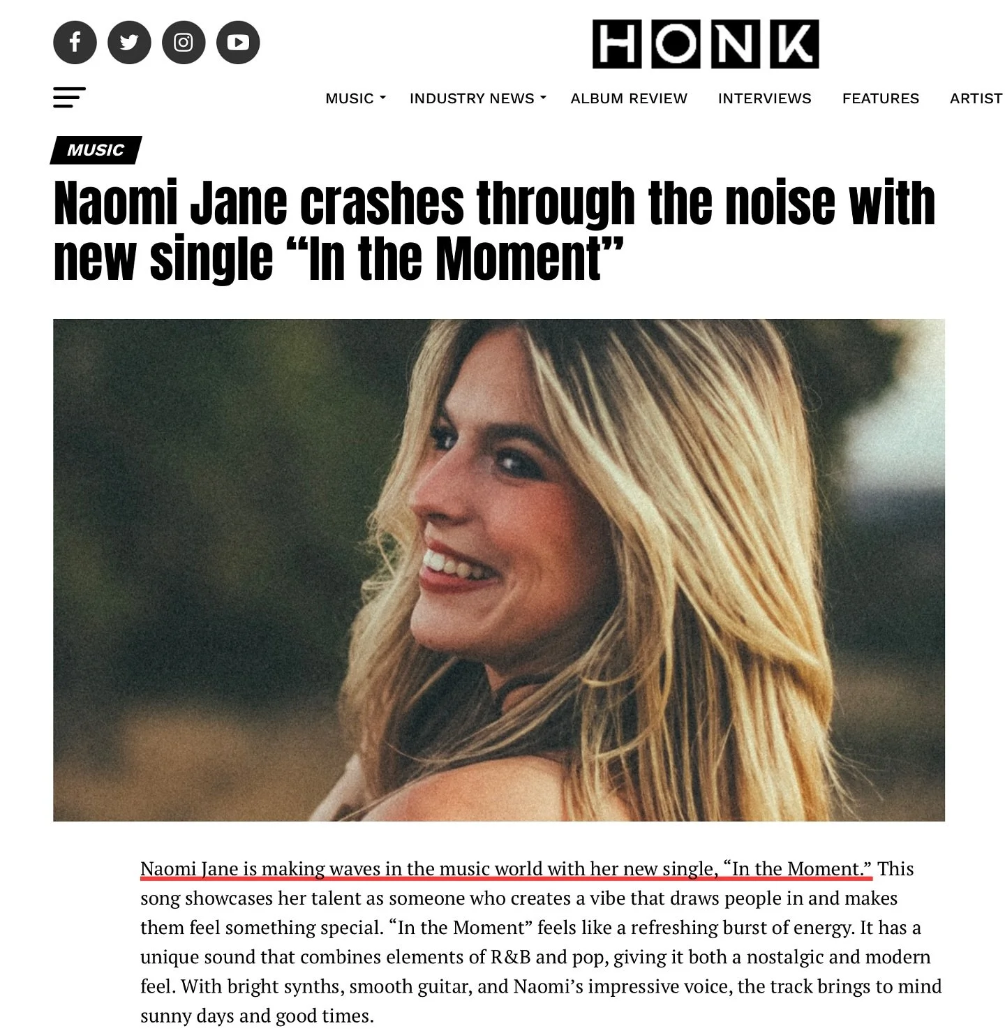 so grateful for this write-up from HONK Magazine 🌼
&ldquo;What makes &lsquo;In the Moment&rsquo; truly special is how it connects with listeners. Naomi Jane has created a song that invites shared experiences and meaningful moments. With this release