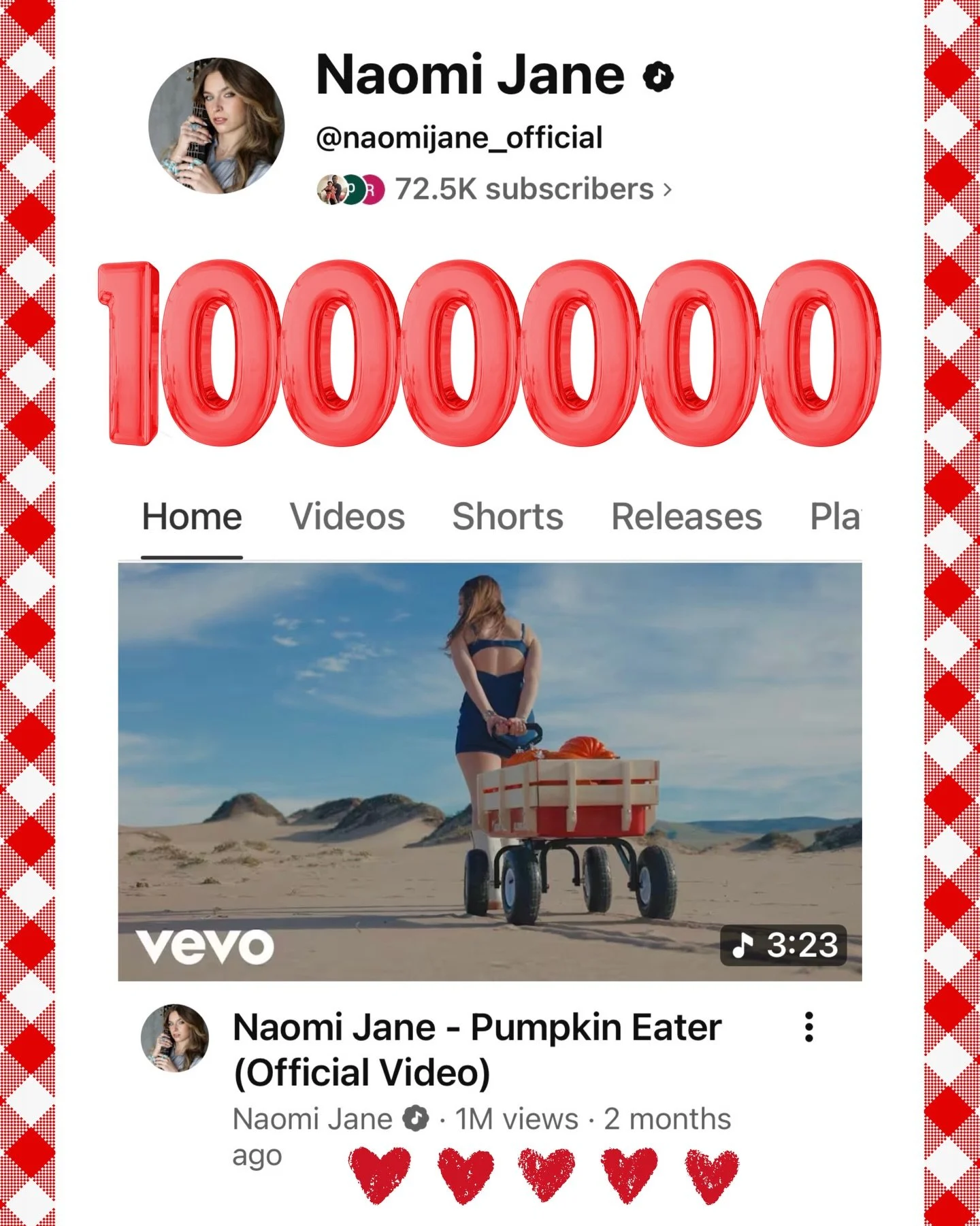Thanks a million 🍀 for all the love and &hellip; ****non-love, thanks for just being here ❤️ &ldquo;Pumpkin Eater&rdquo; - 1M views 🎃 #grateful #officialvideo #musicvideo #onemillionviews #naomijane