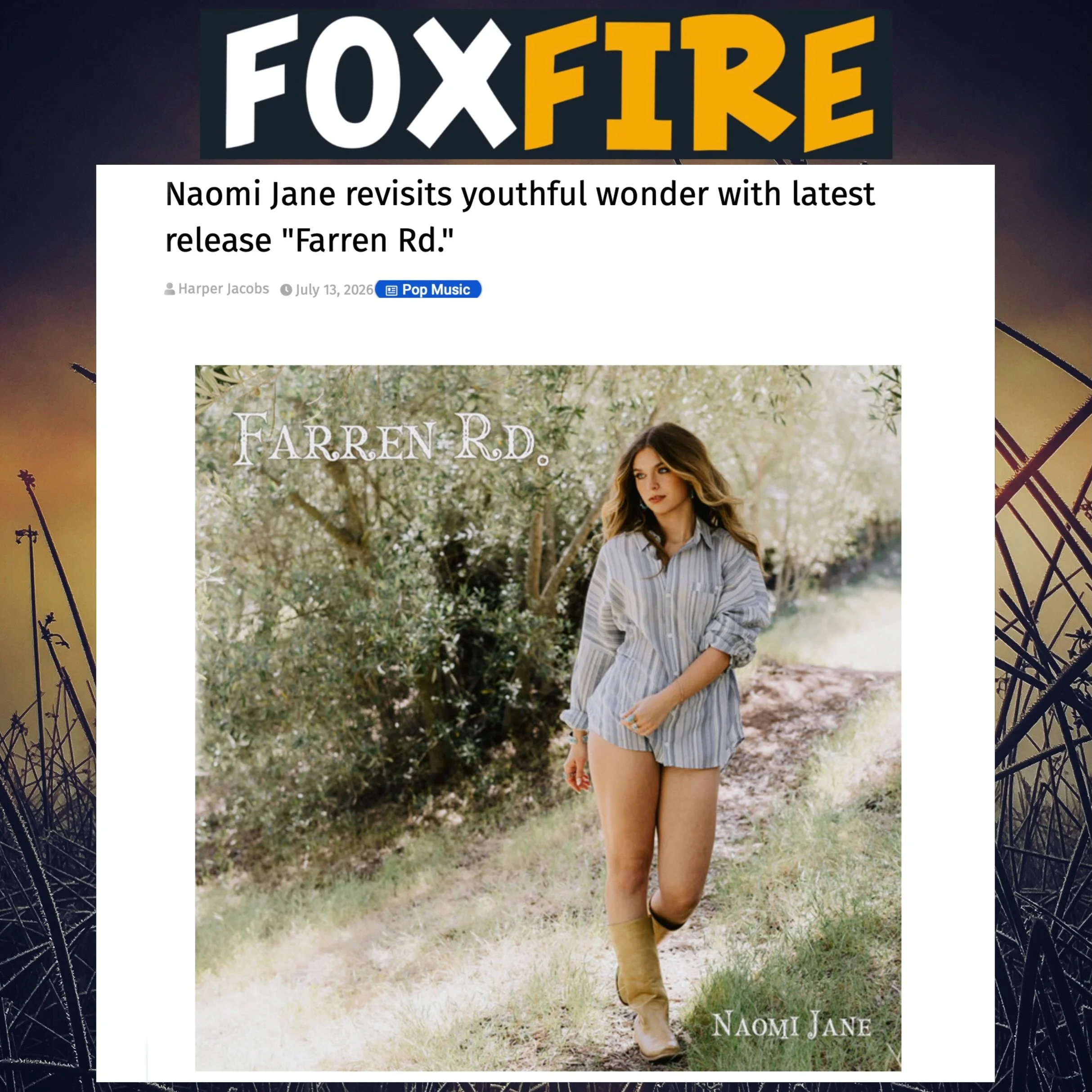 &hellip;💛 this &rarr;&ldquo;The real emotional power of the story, however, comes from its soft melodies and earnest lyrics without being sentimental.&rdquo; 🌾  Big thank-you @officialfoxfiremagazine 

#farrenrd #newrelease #review #thankyou #foxfi