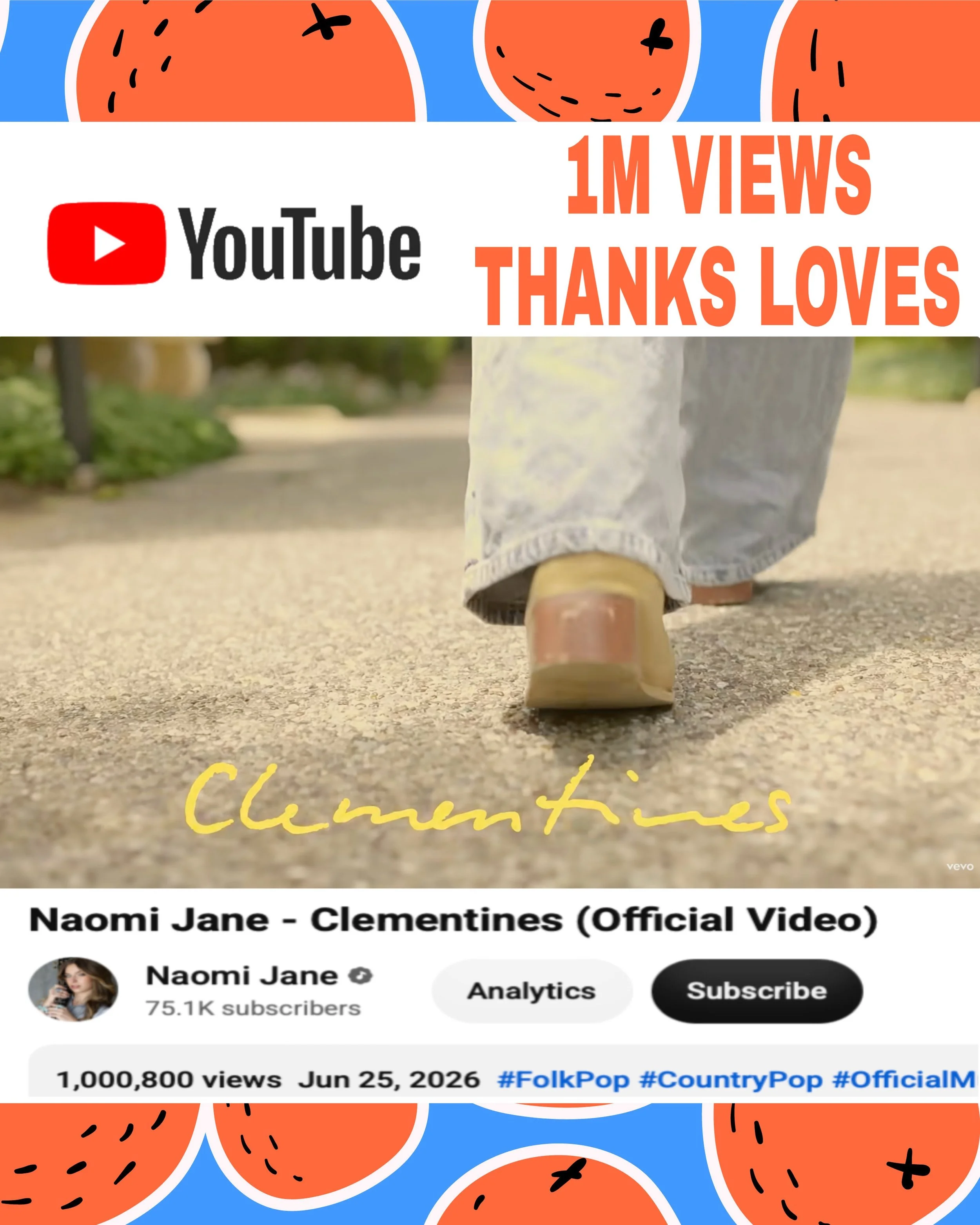 you don&rsquo;t know it, but you sweep me off my feet&hellip; every one of ya, every view, every listen 🍊 thank you!!!! all my love &amp; appreciation #gratitude #naomijane #clementines #officialvideo #1mviews
