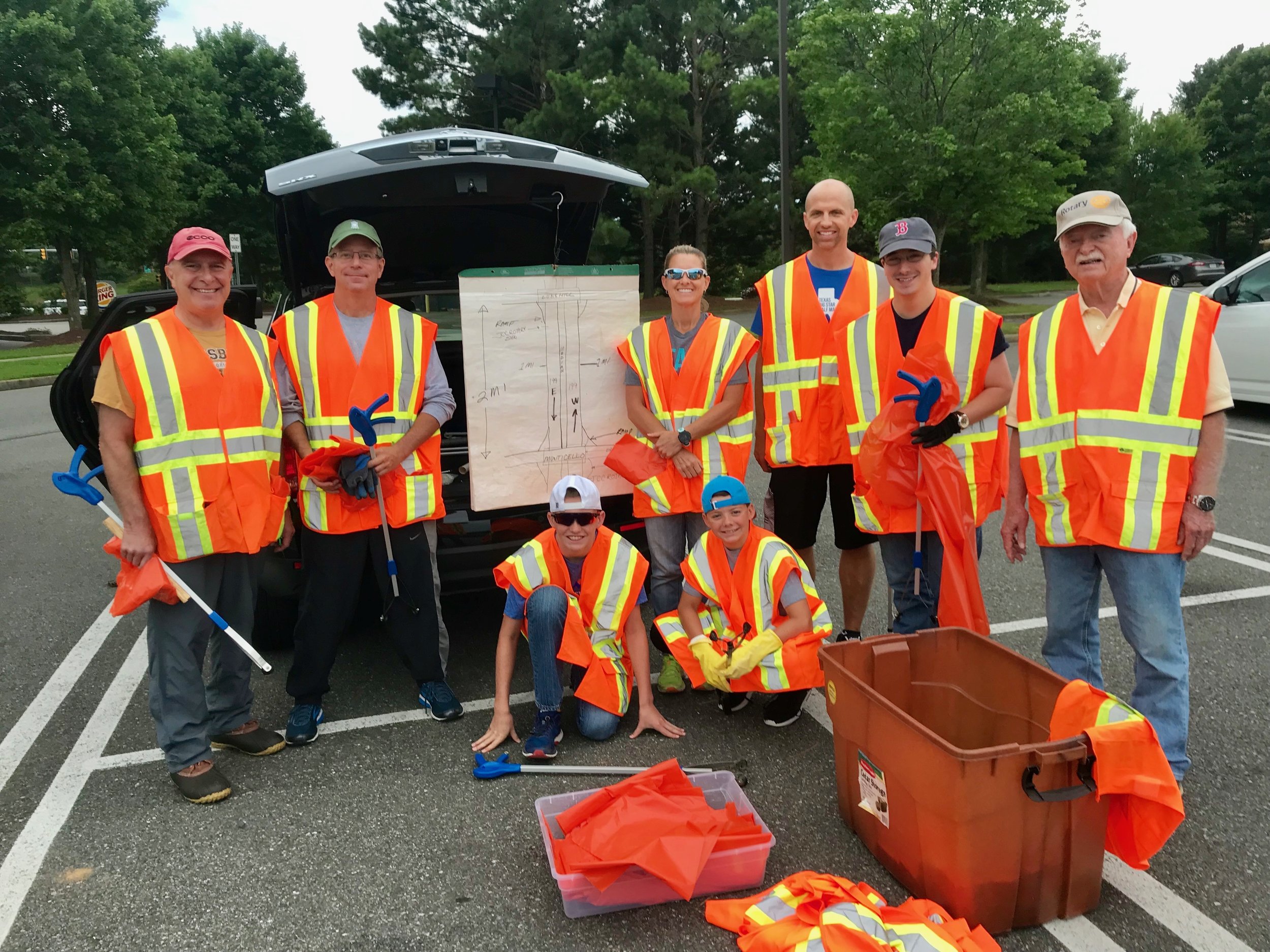 Gary Chenault led a group of Rotarians cleaning up Rt 199 in June. From left to right: Bob, Merritt, Eli (Gary’s grandson), Suzy (Gary’s daughter), Will (Gary’s grandson), Bob (Gary’s son-in-law), Grayson, and Gary.