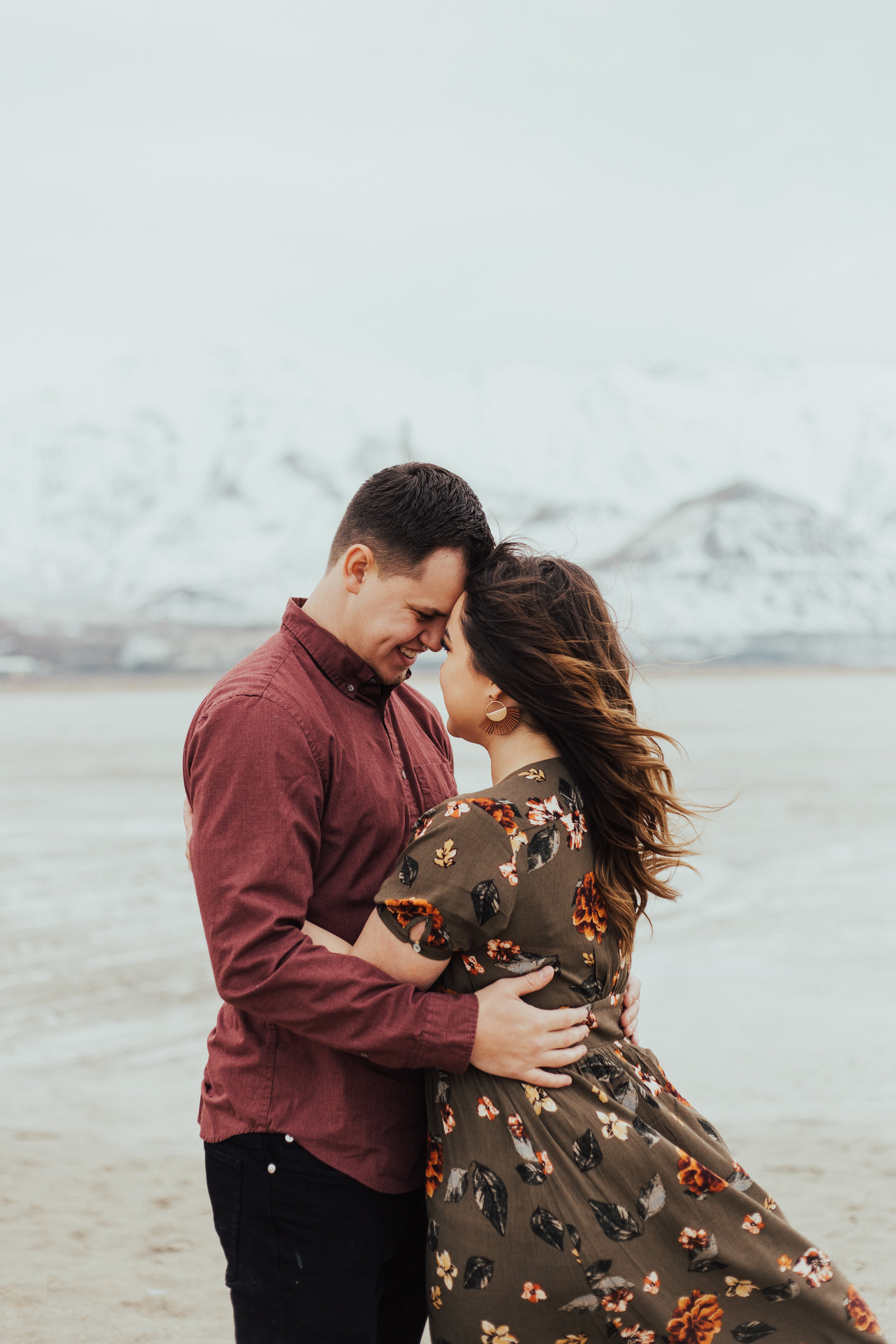 Romantic windy engagements flowy dress Salt Lake Utah photographer