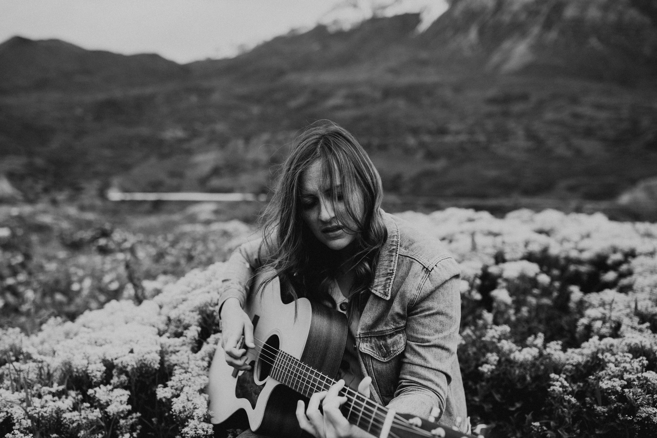 Windy Utah mountain wildflower field portraits guitar