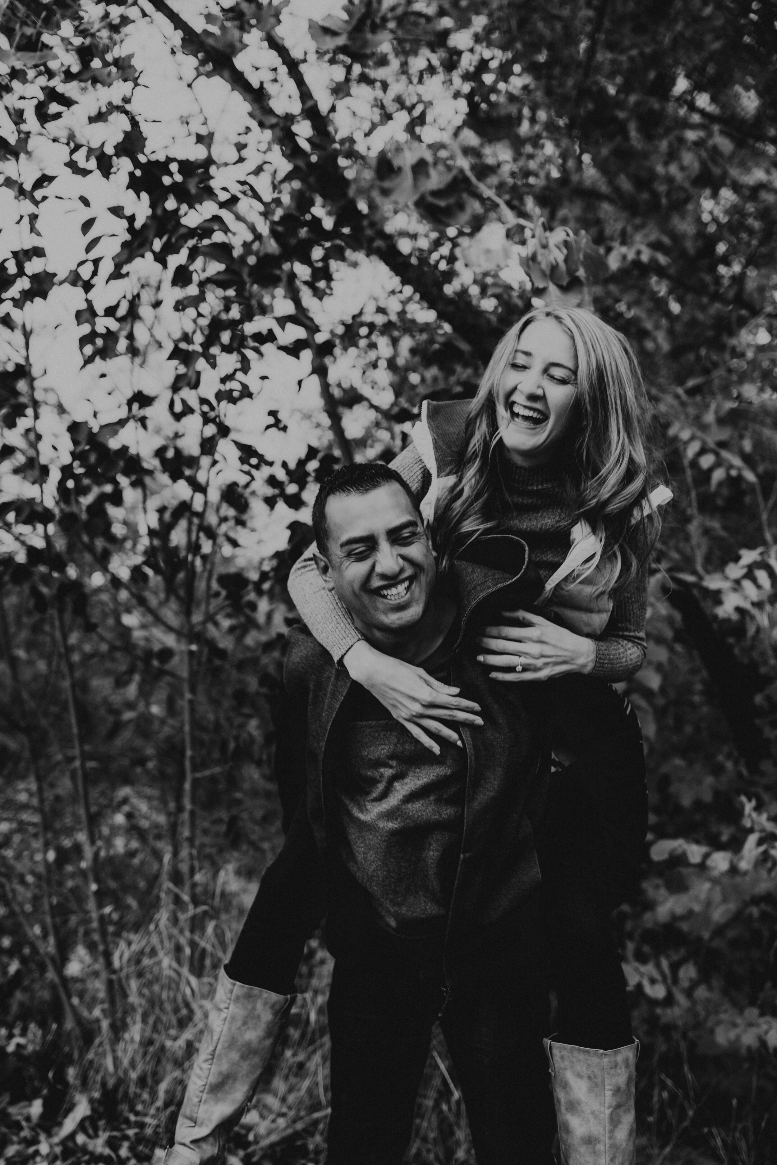 Black and white couple engagements fall leaves