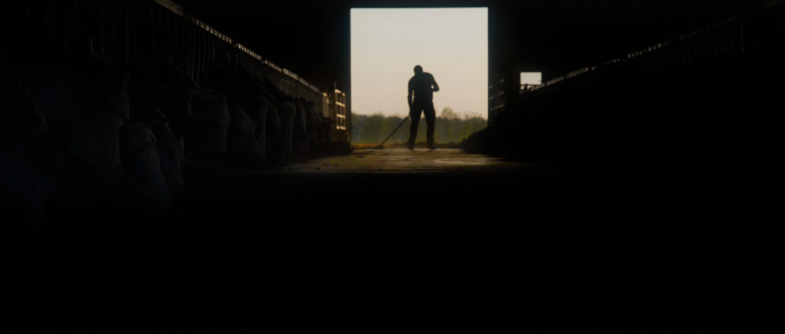 Silhouette of a person sweeping inside a barn or tunnel with light outside