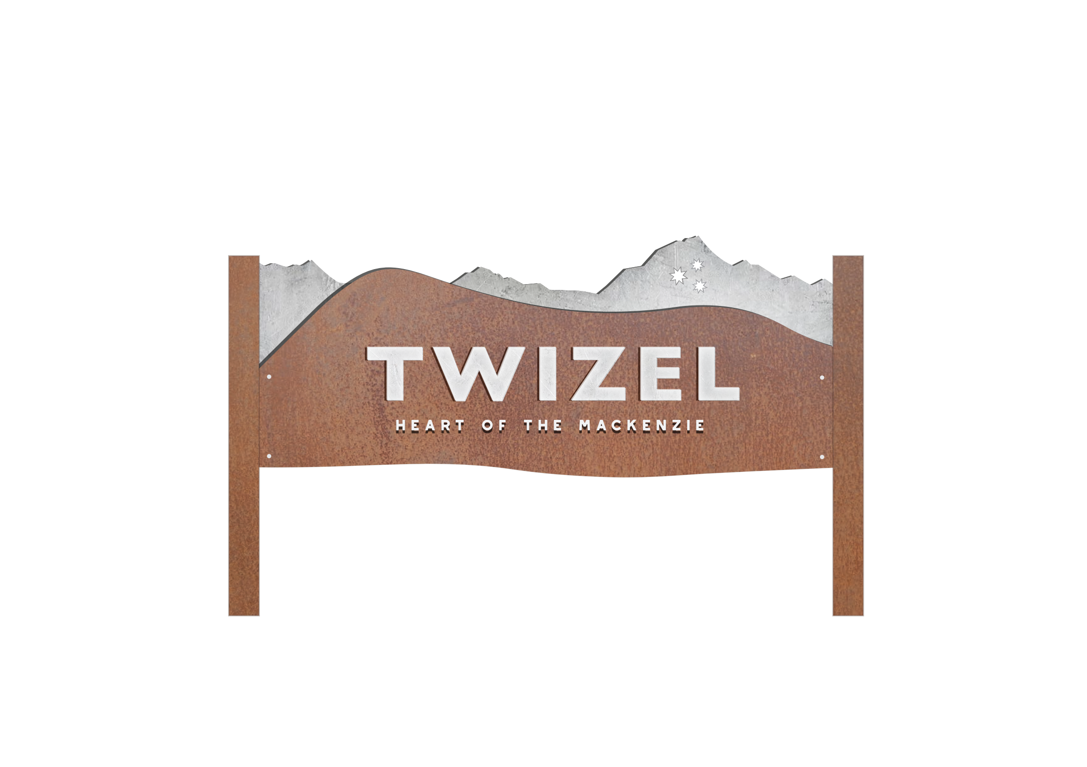 Twizel town welcome sign. Fabricated steel and aluminium. Installed 2017.