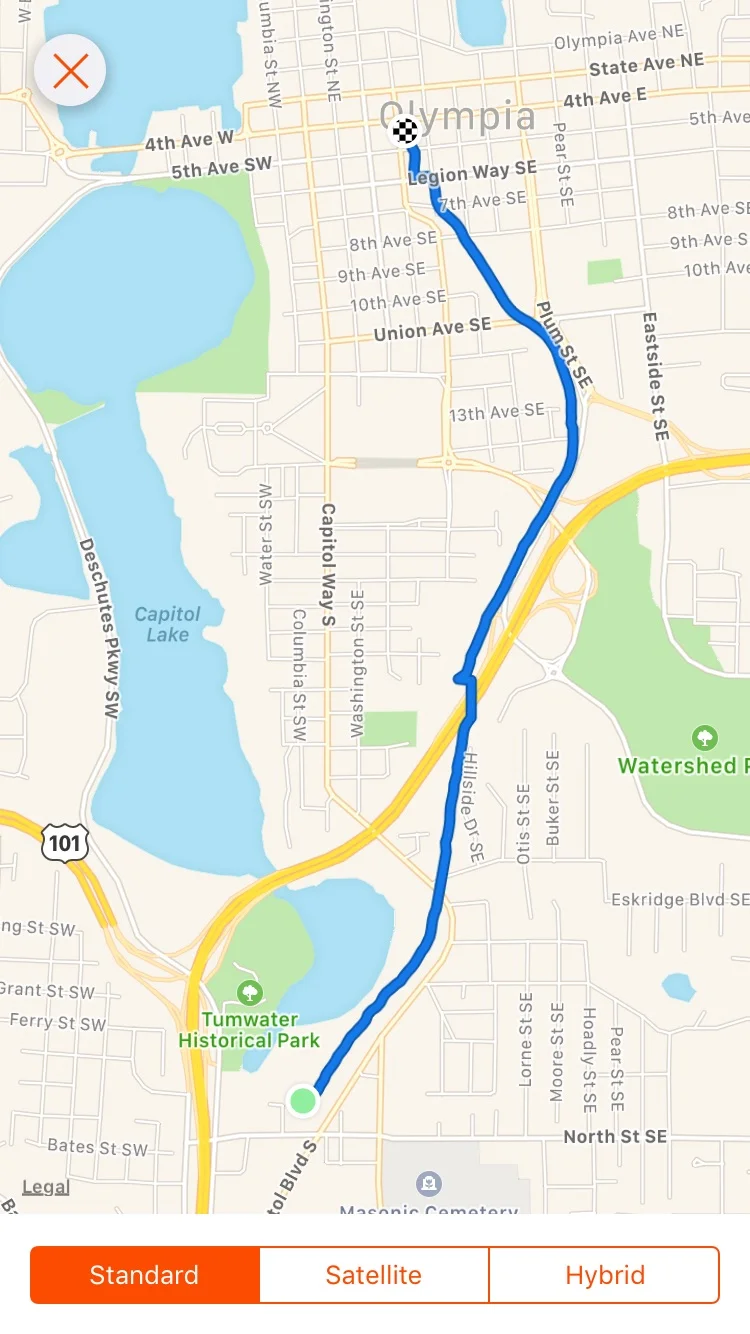 I used my running app to chart the course of the runaway’s path. The jig at the freeway was just due to a lost signal. The old spur line tracks to the depot (which is now Pet Works) are long gone. They branched off around 7th Ave. from the tracks that are still there today. The old tracks would have passed through what is now the Planned Parenthood building. My app charted an elevation drop of 124 feet over 2.2 miles, though I think you could shave 1/10th of a mile off due to the imprecise tracking. This is still an active track. It is not legal to walk it. If you decide to walk the route anyway, watch out for trains.