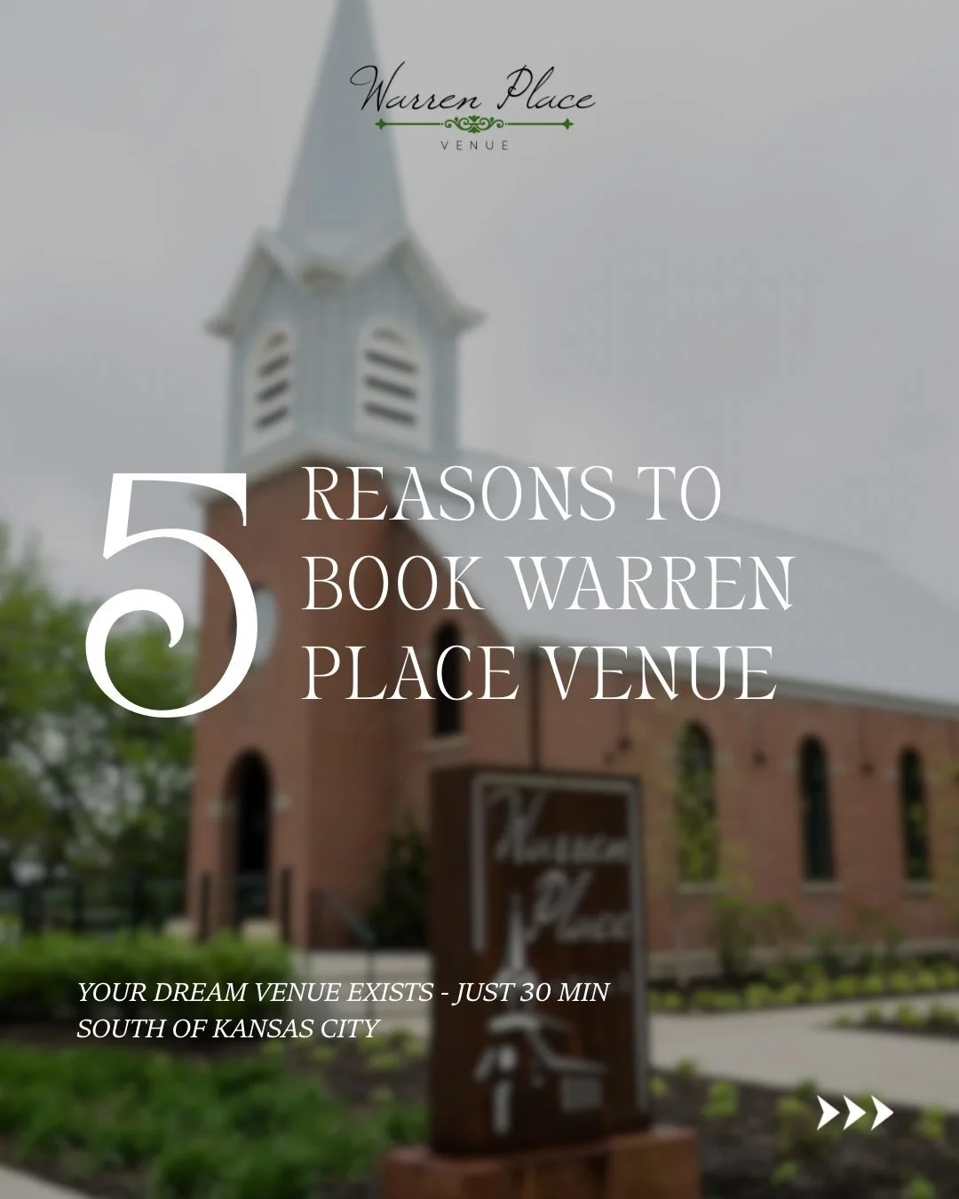 Looking for your perfect wedding venue? Your search ends here! 🤭 Check out the top 5 reasons you should book Warren Place Venue for your perfect day. 

Wedding Venue | Chapel Ceremony | Kansas City