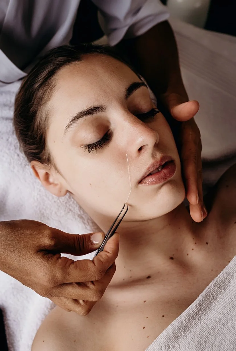 Una giovane donna riceve un trattamento di acupuntura sul viso, con un praticante che inserisce un ago tra il sopracciglio e il naso.