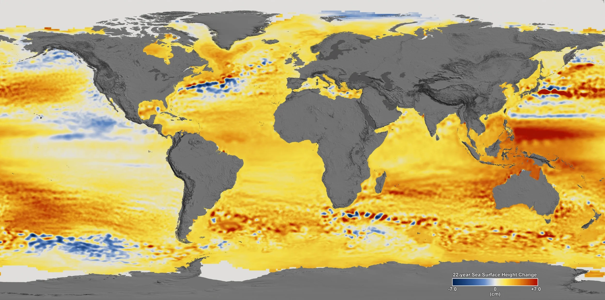 This visualization shows total sea level change between 1992 and 2014, based on data collected from the TOPEX/Poseidon, Jason-1, and Jason-2 satellites. The color range for this visualization is -7 cm to +7 cm. This particular range was chosen to hi…