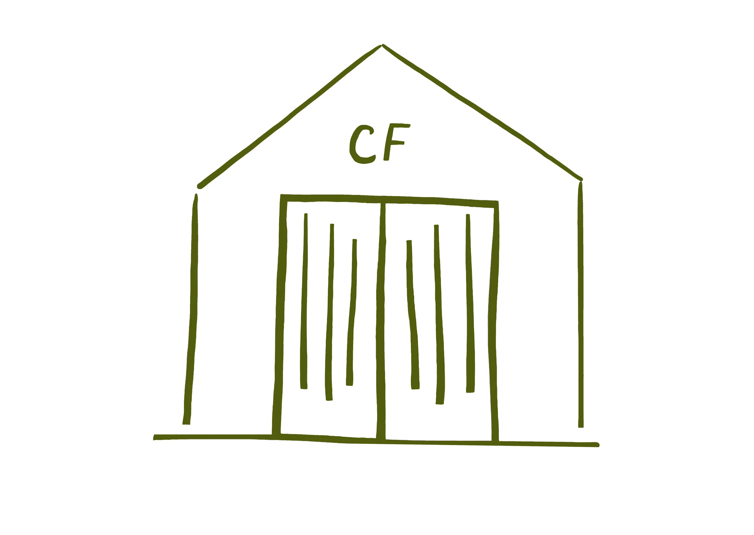 Simple line drawing of a house with the letters "CF" inside the roof, and vertical lines representing bars or posts in front.