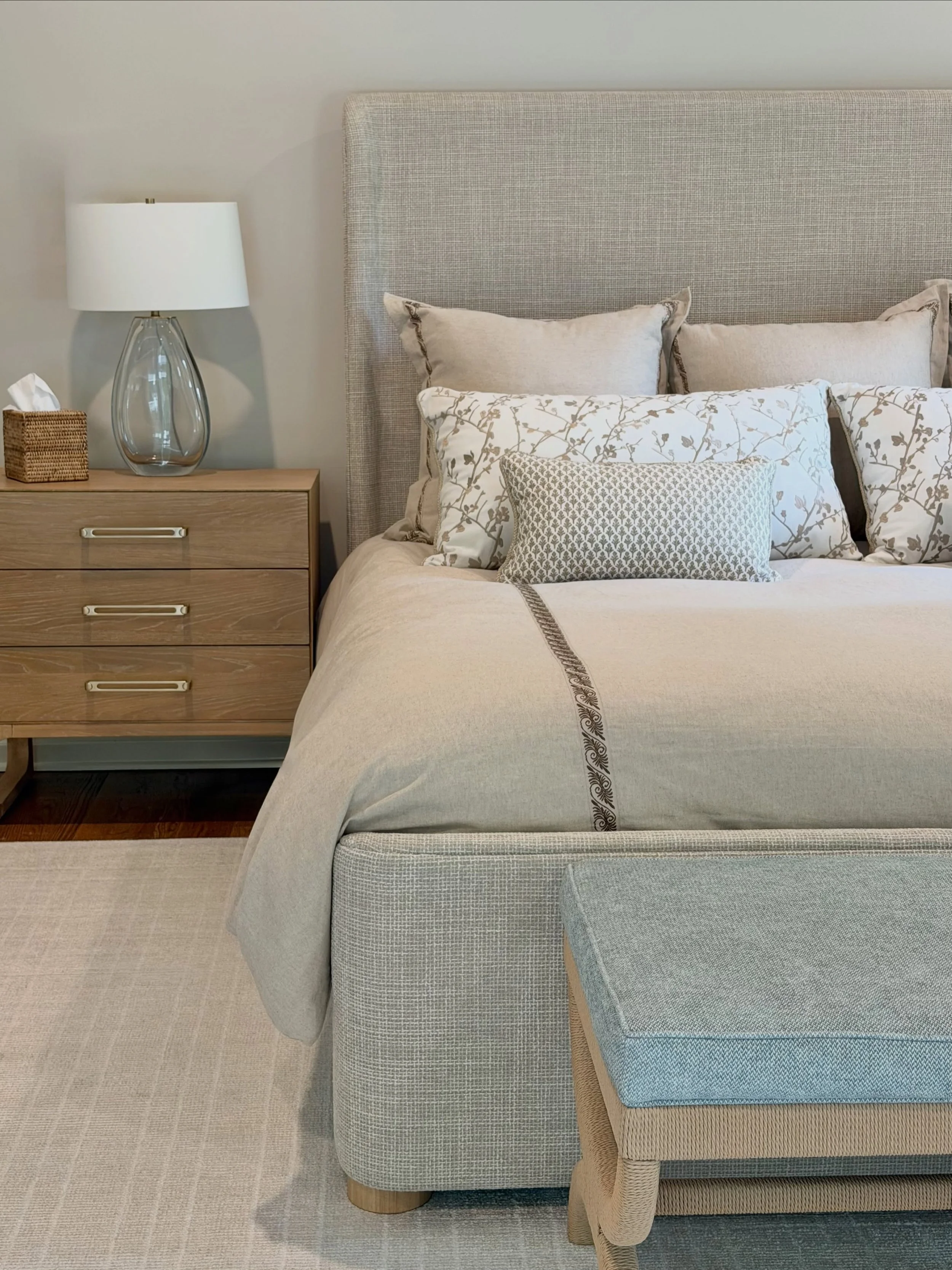 ✨ Soft neutrals, layered textures, and a touch of color can completely transform the feeling of a space. ✨

To keep the palette from feeling flat, we introduced pops of seafoam green through carefully selected fabrics (for  reupholstery of the chair 