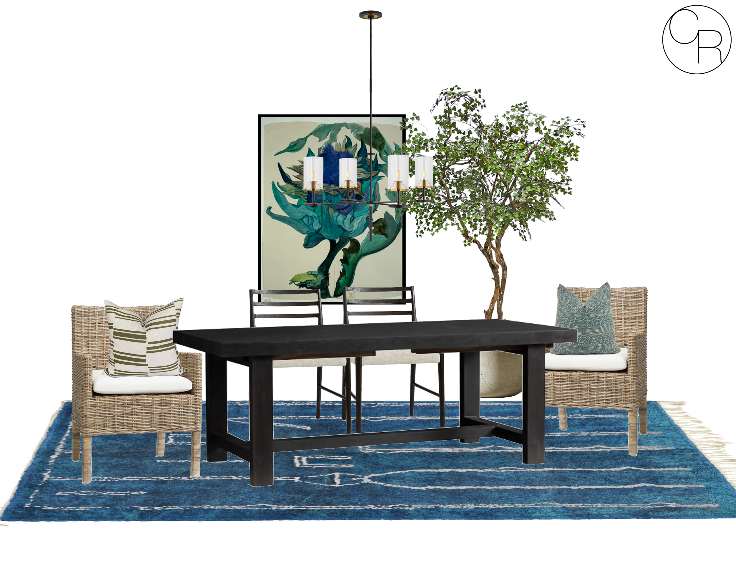 3d interior design board of dining room blue and green