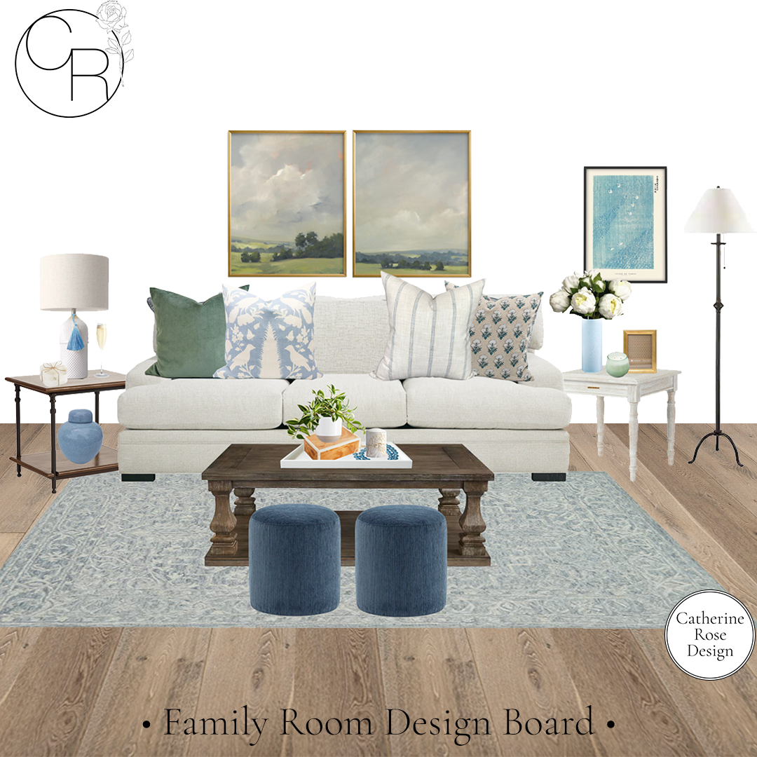 online interior design board family room design upscale blue