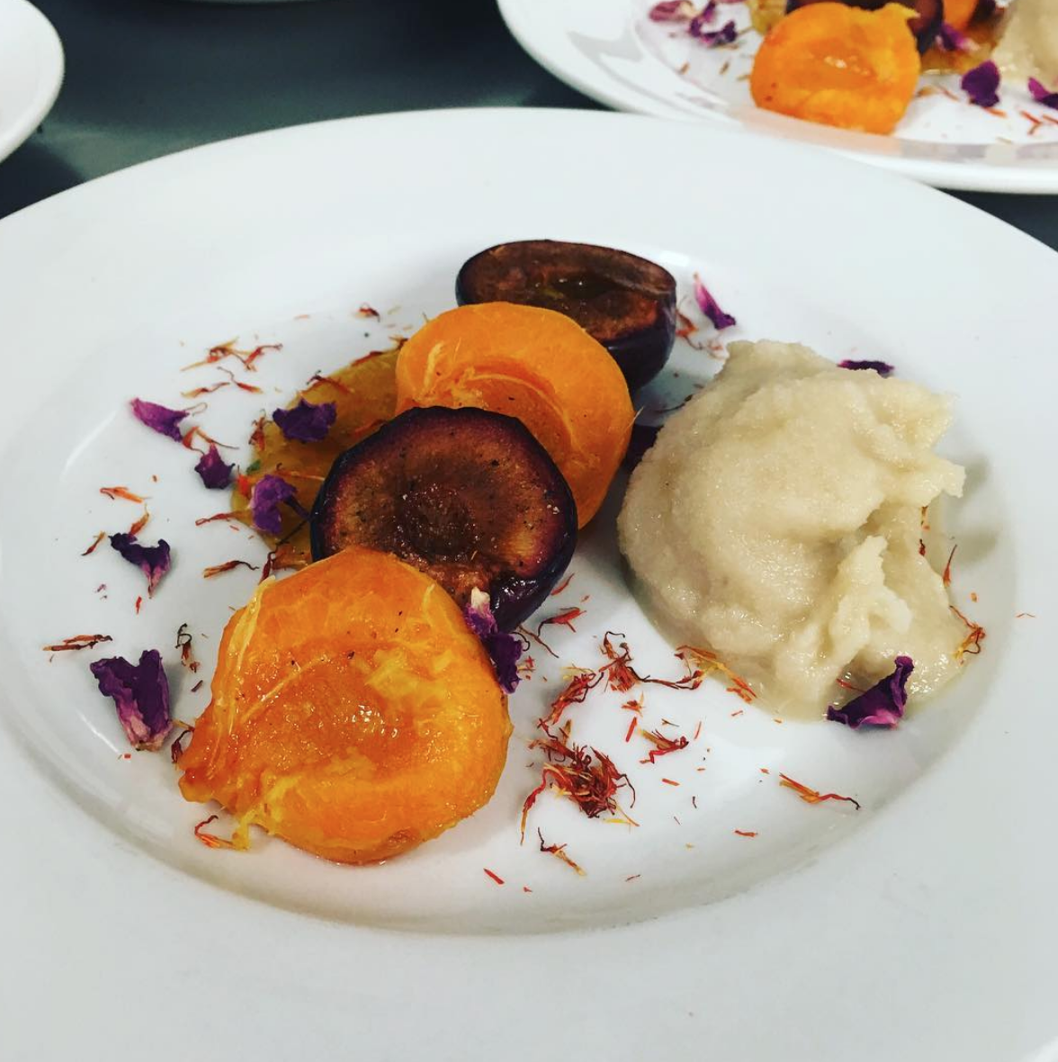PLUMS &amp; APRICOTS ROASTED W/CARDAMOM &amp; GINGER//SHERRY ICE CREAM//SAFFLOWER AND ROSE 