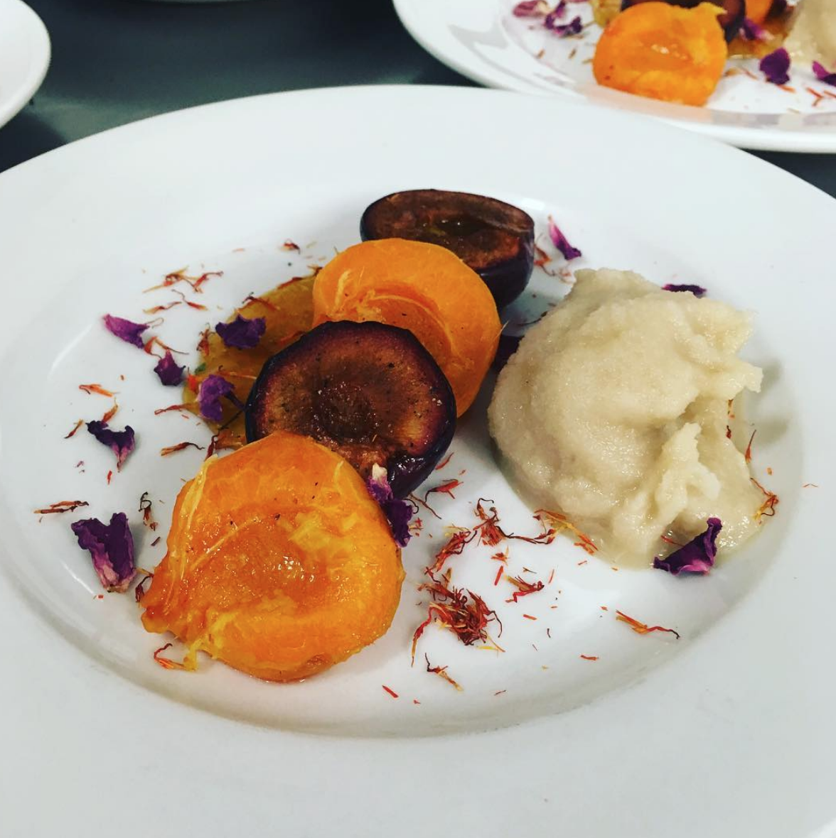 PLUMS & APRICOTS ROASTED W/CARDAMOM & GINGER//SHERRY ICE CREAM//SAFFLOWER AND ROSE