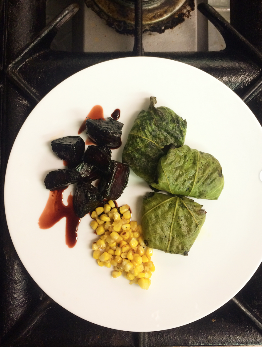 CANDIED POMEGRANATE BEETS//SPICY STREETCORN//ROAST FIG LEAF PARCELS STUFFED WITH RED RICE, PINE NUTS, MARINATED SHROOMS