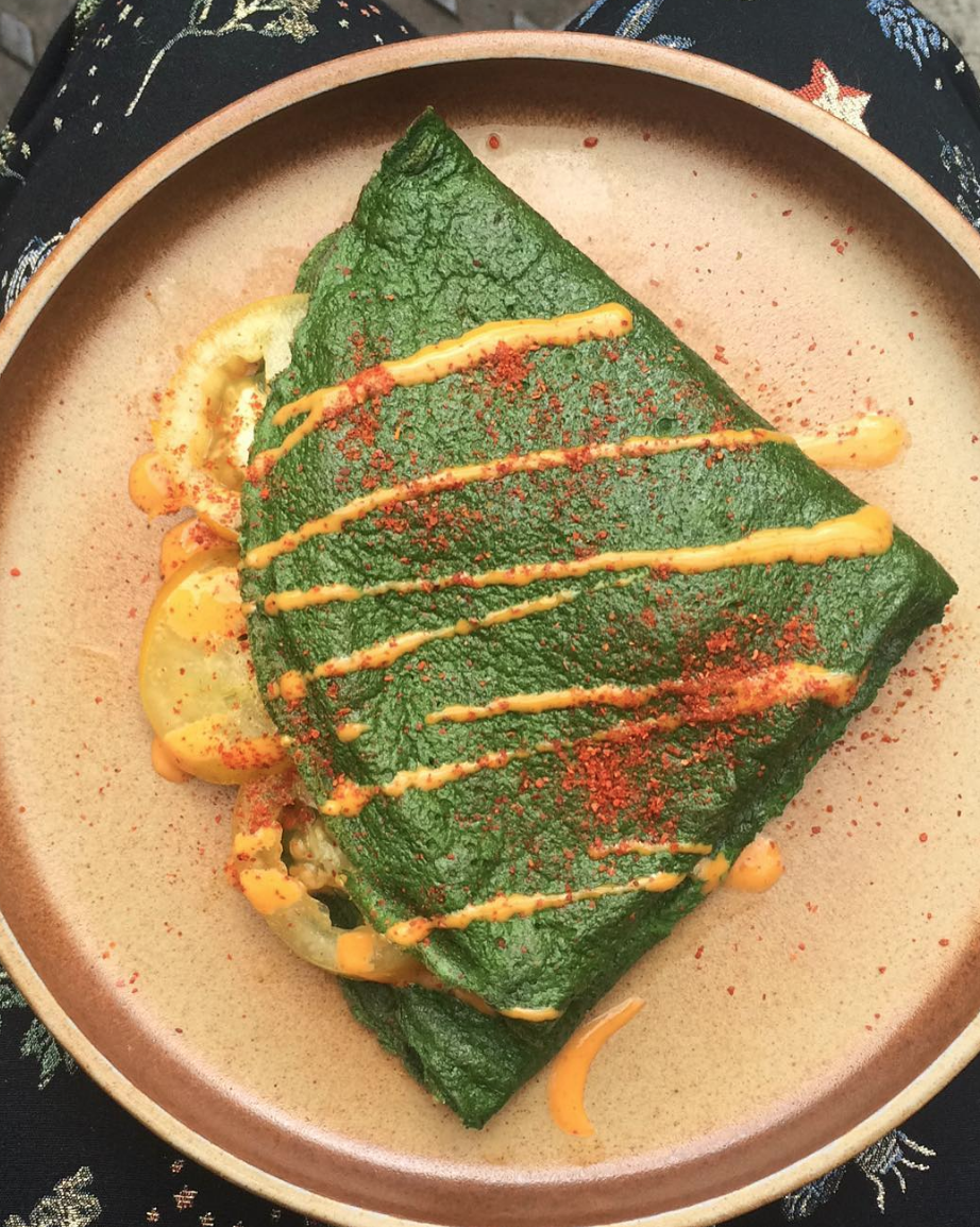 SPINACH PANCAKE// BEST YELLOW TOMATOES//OLIVE OIL, PEPPER FLAKES 