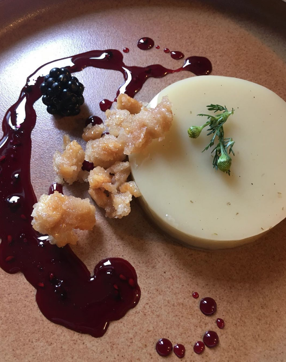 pineapple weed pannacotta, cracker krokant, blackberry and bay syrup