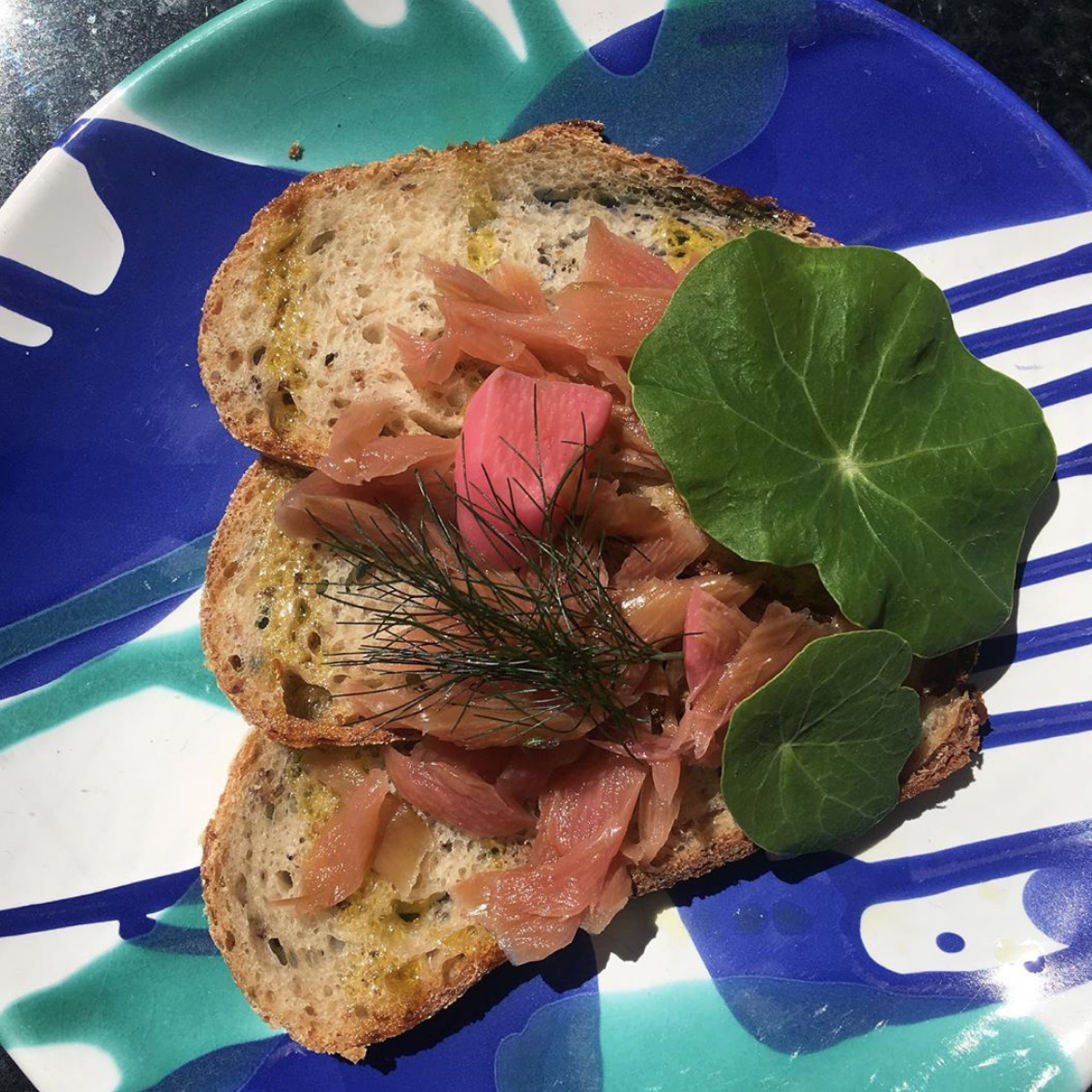 Lacto Ferment Rhubarb on caraway toasts with nasturtium and fennel fronds