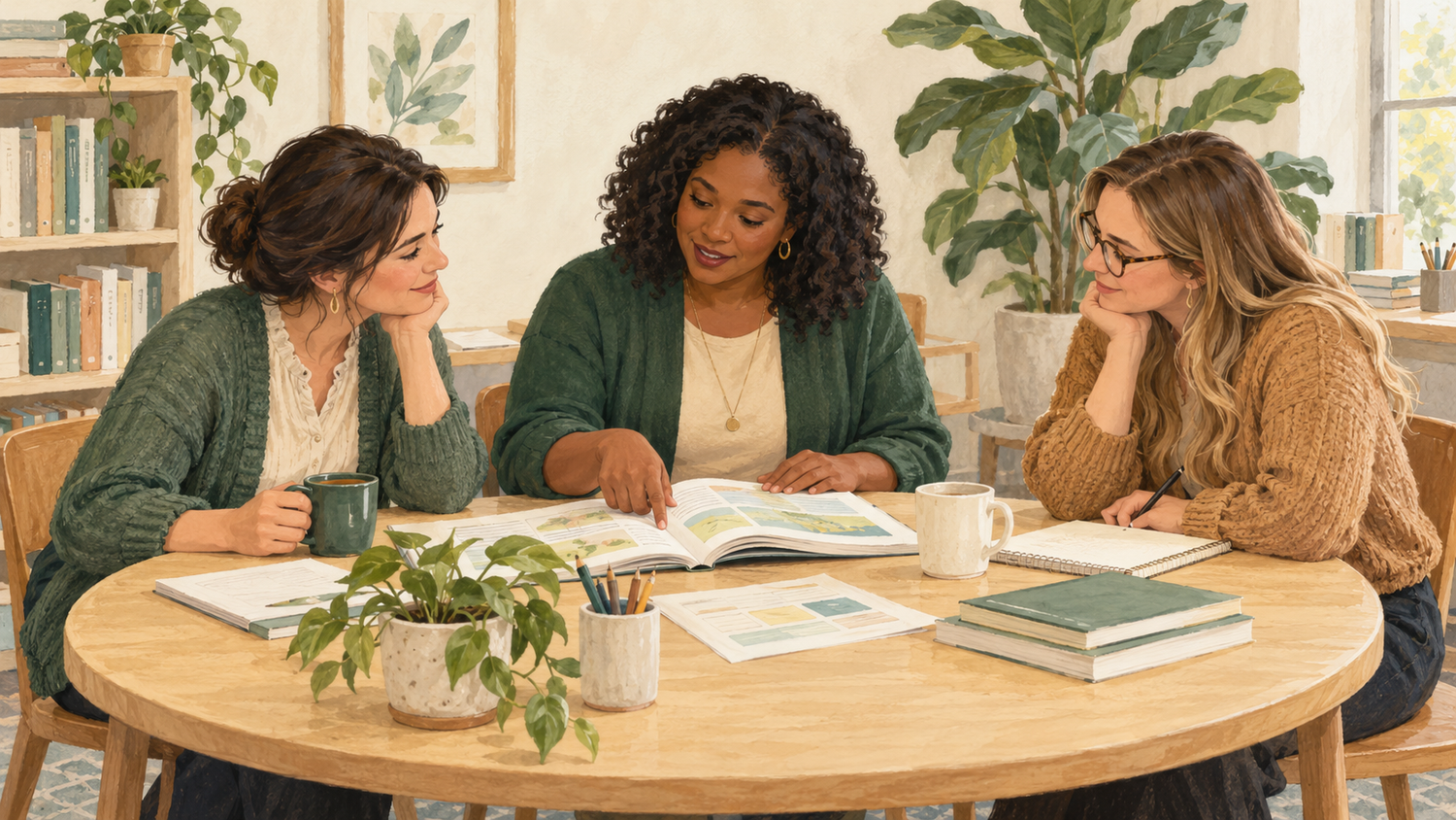Illustration of educators reviewing a reading lesson together at a table.