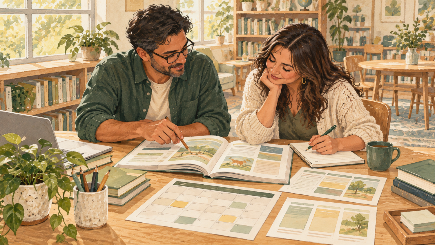 Illustration of two educators planning a reading curriculum with lesson materials and a school calendar.