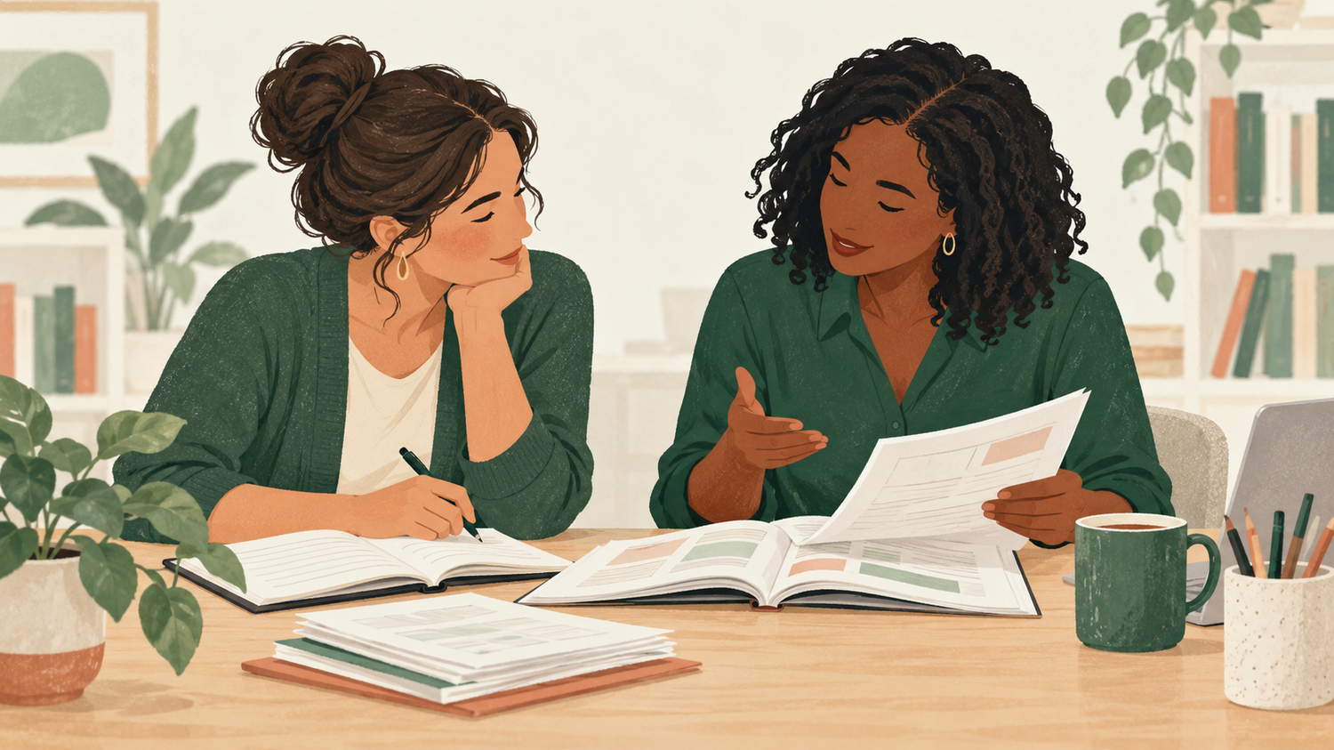 Illustration of two educators reviewing lesson materials during a coaching conversation