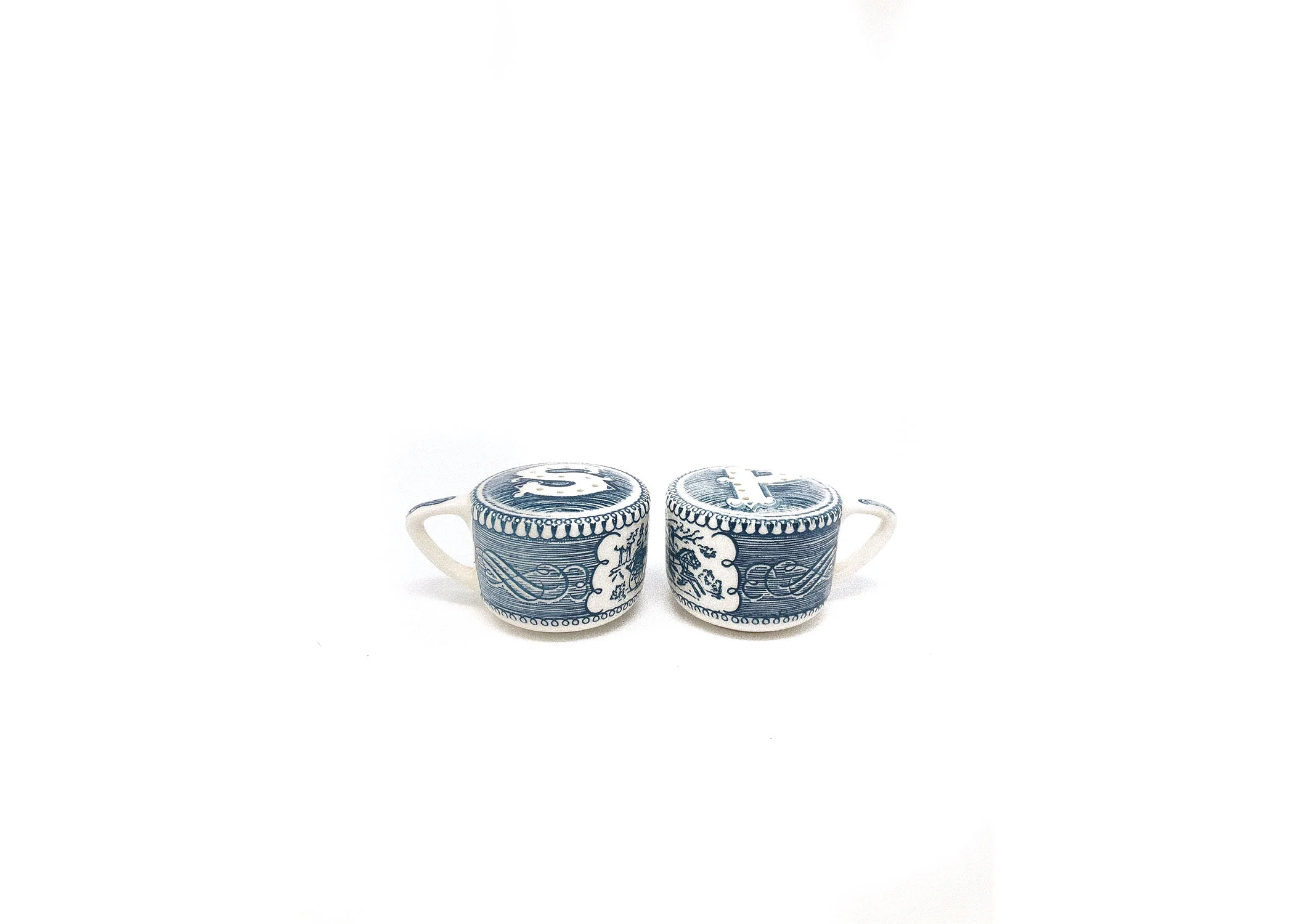 Vintage Royal China Currier & Ives Salt and Pepper Shakers with Handles