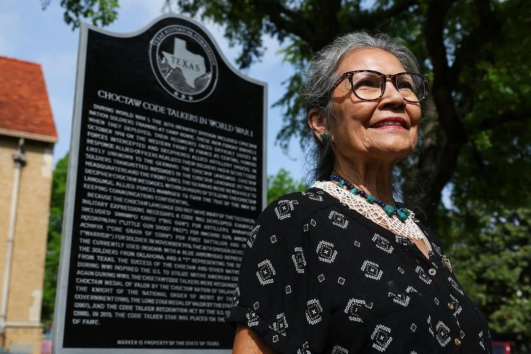 Nuchi Nashoba, president of the Choctaw Code Talkers Association and great-granddaughter of code talker Ben Carterby, stands in front of a historical marker unveiled April 1, 2026, at Veterans Memorial Park in Fort Worth, Texas.

The plaque honors 19