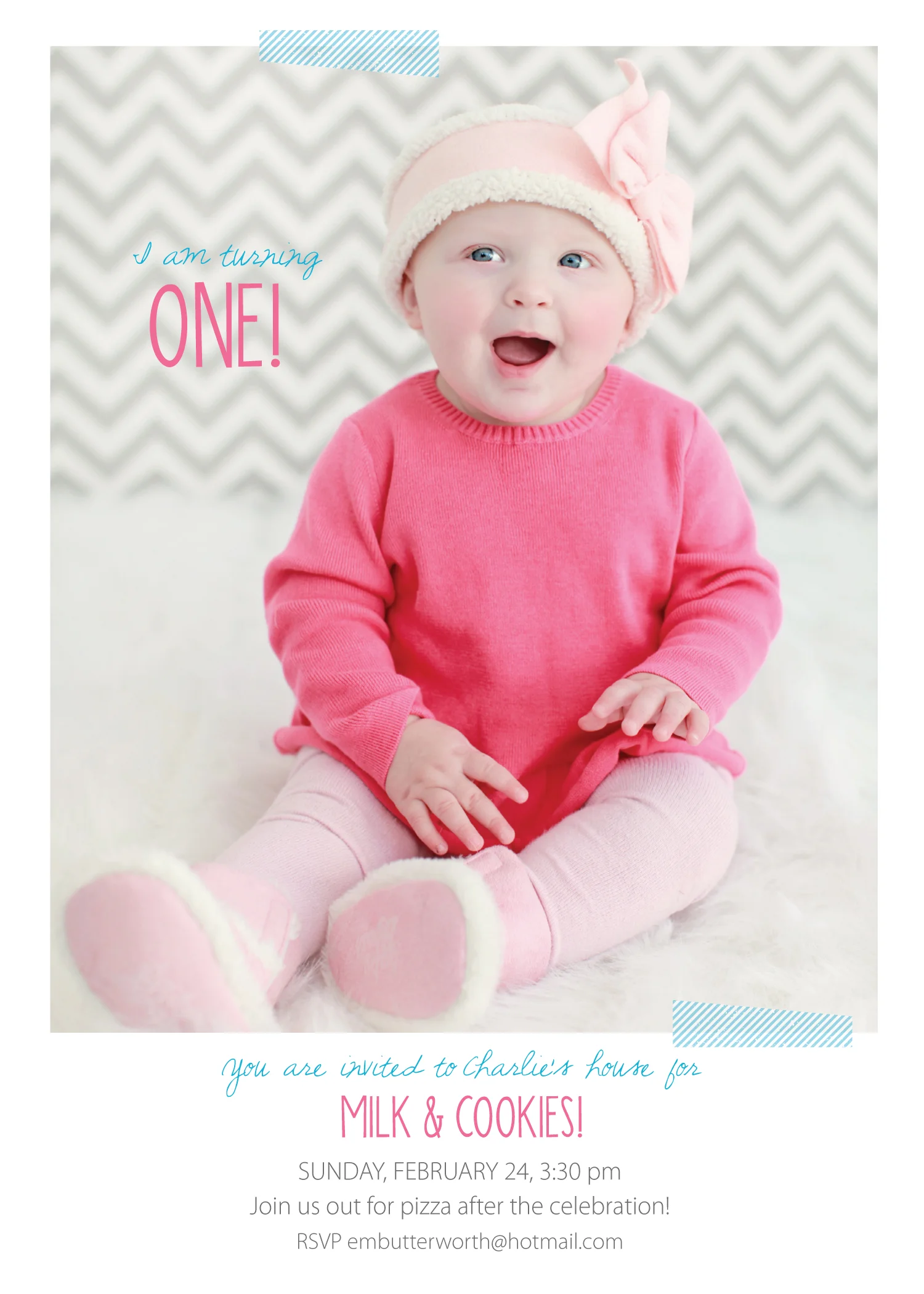 This was her 1st birthday invite … Milk & Cookies theme! All I can remember is being an emotional train wreck at the party because I had this feeling I was pregnant. Took a test the morning after her party to confirm her baby brother was on his way :)