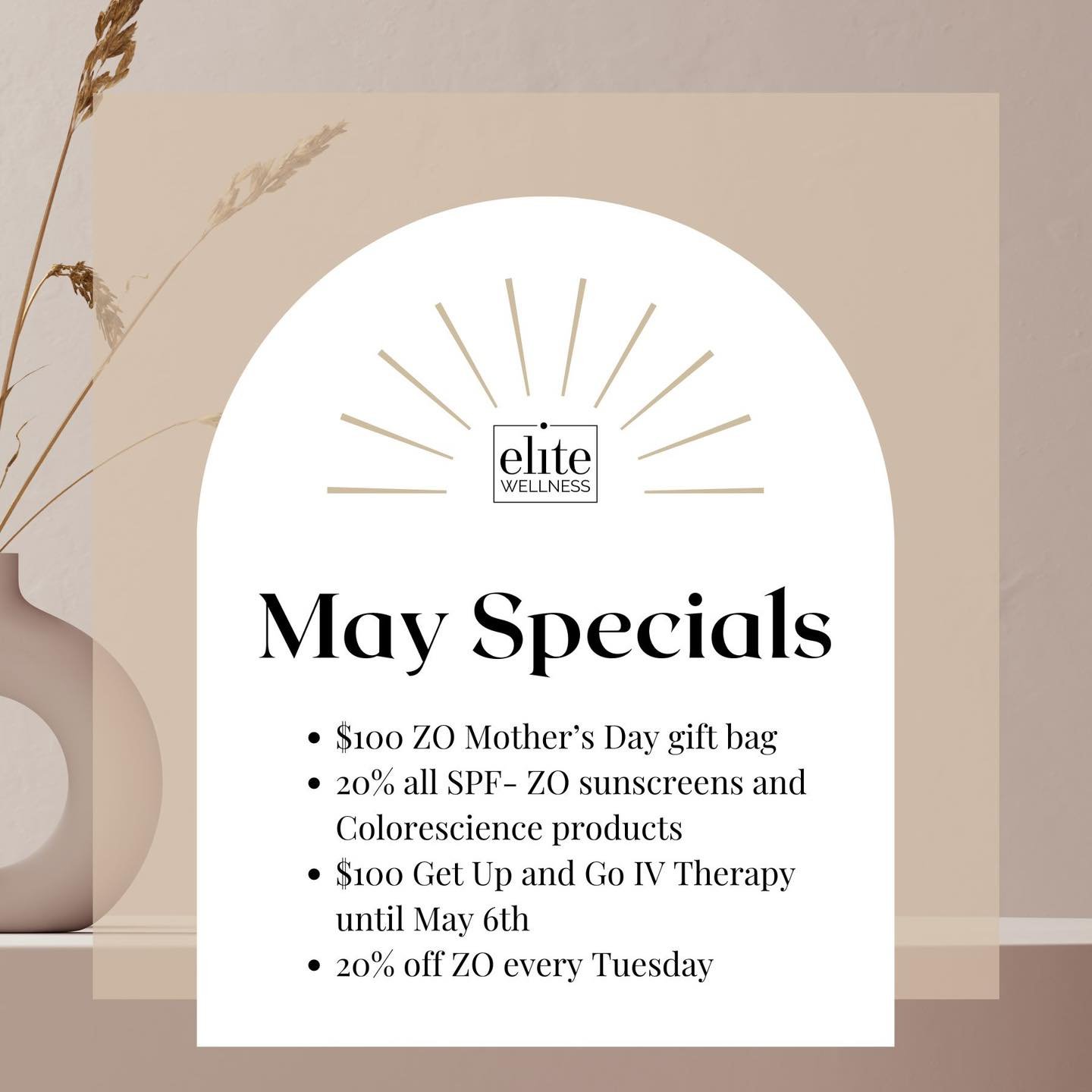 A new month brings new sales and specials! PSA 🚨 Mother&rsquo;s Day is in 10 days!!! We have an easy gift to make any mom smile. ZO gift bags for only $100.

Also call soon to take advantage of the $100 Get Up and Go IV special! Deal expires May 6th