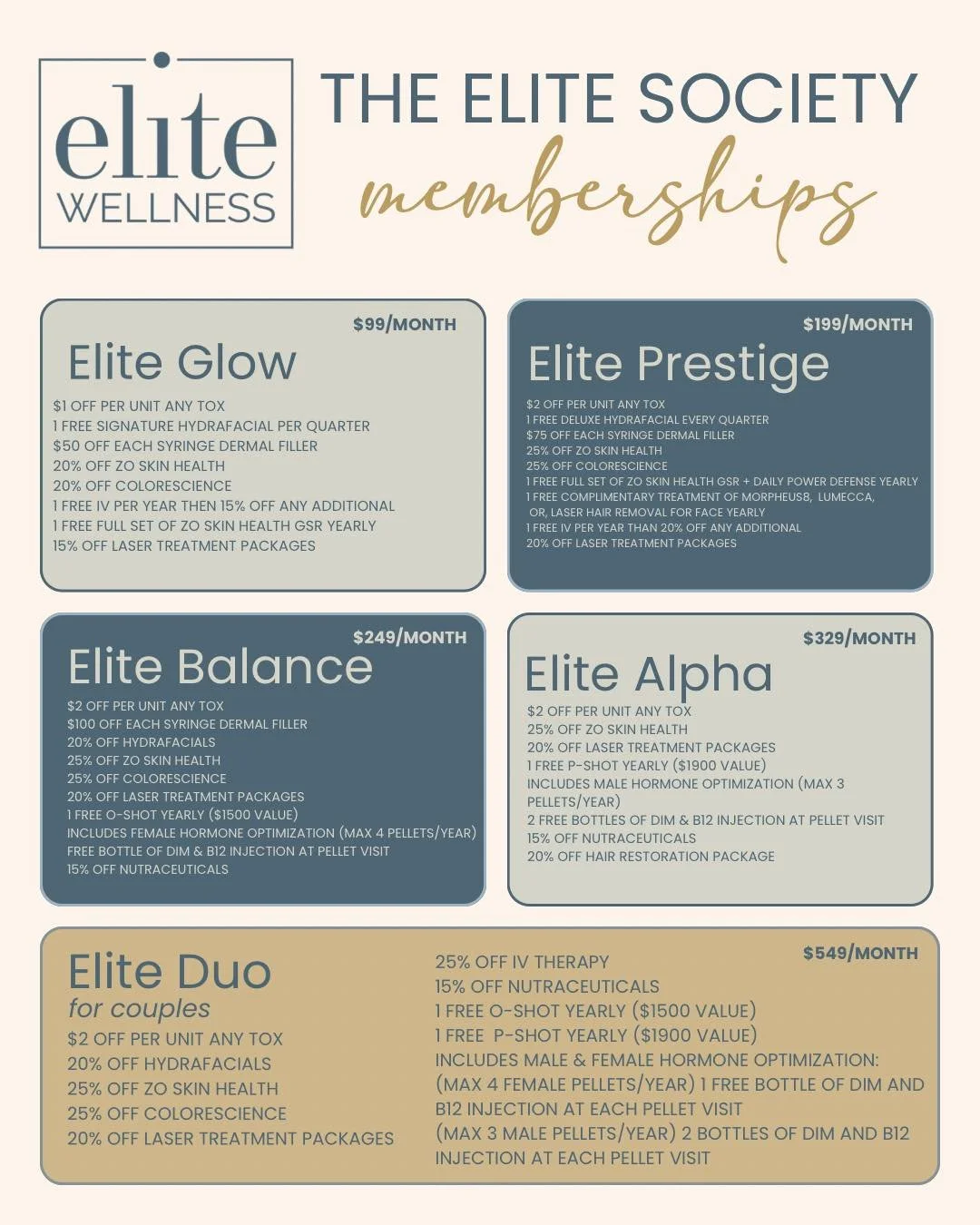 Did you know you can save every single month at Elite Wellness?

The Elite Society Memberships are designed for clients who already love their treatments, skincare, and wellness services and want exclusive savings, perks, and priority care for a simp