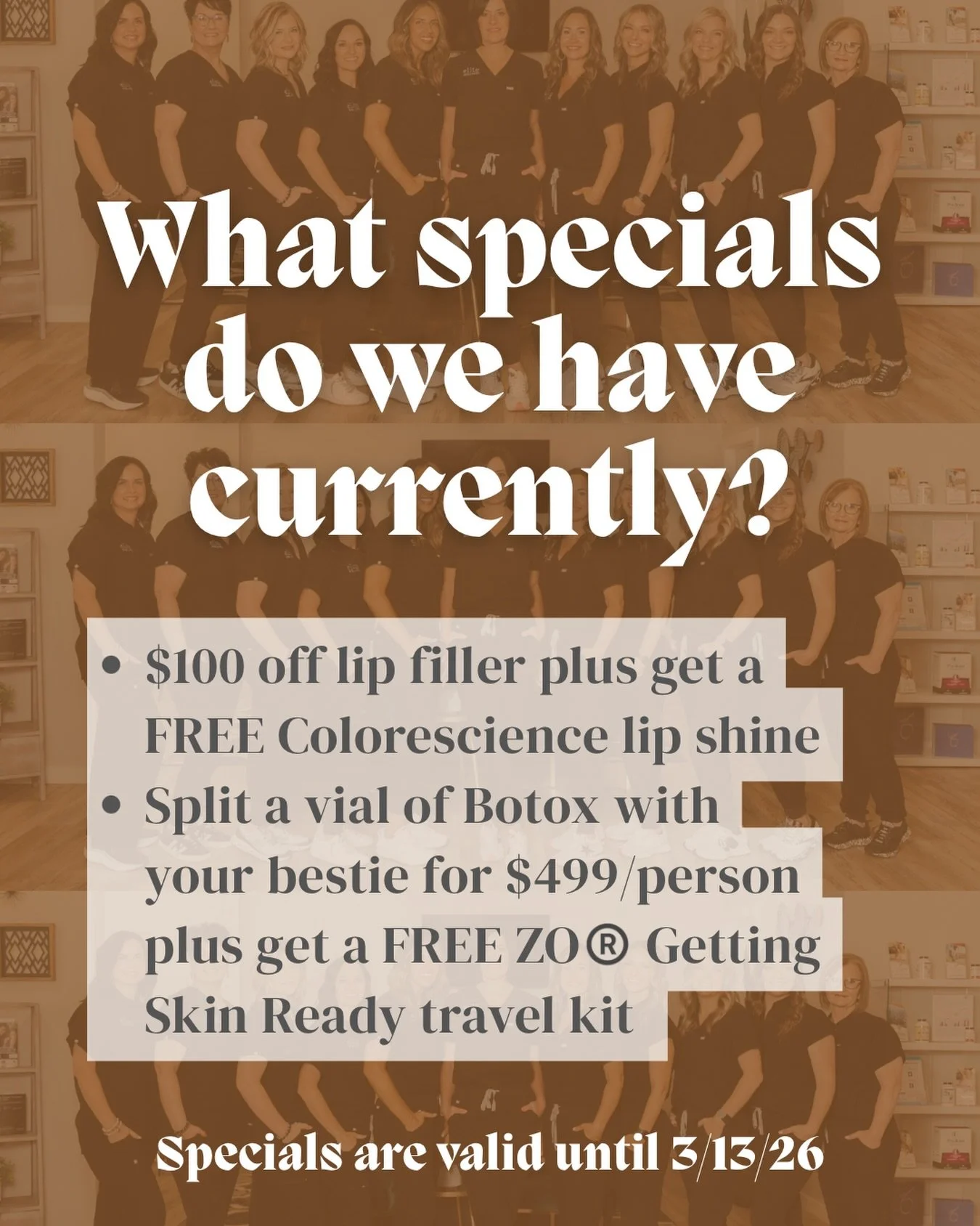 ✨ Glow-up season is officially ON ✨
If you&rsquo;ve been thinking about a refresh, this is your sign.

💋 $100 off lip filler + FREE Colorescience lip shine
👯&zwj;♀️ Botox Bestie Special &mdash; split a vial for $499 each
🎁 PLUS a FREE ZO&reg; Gett